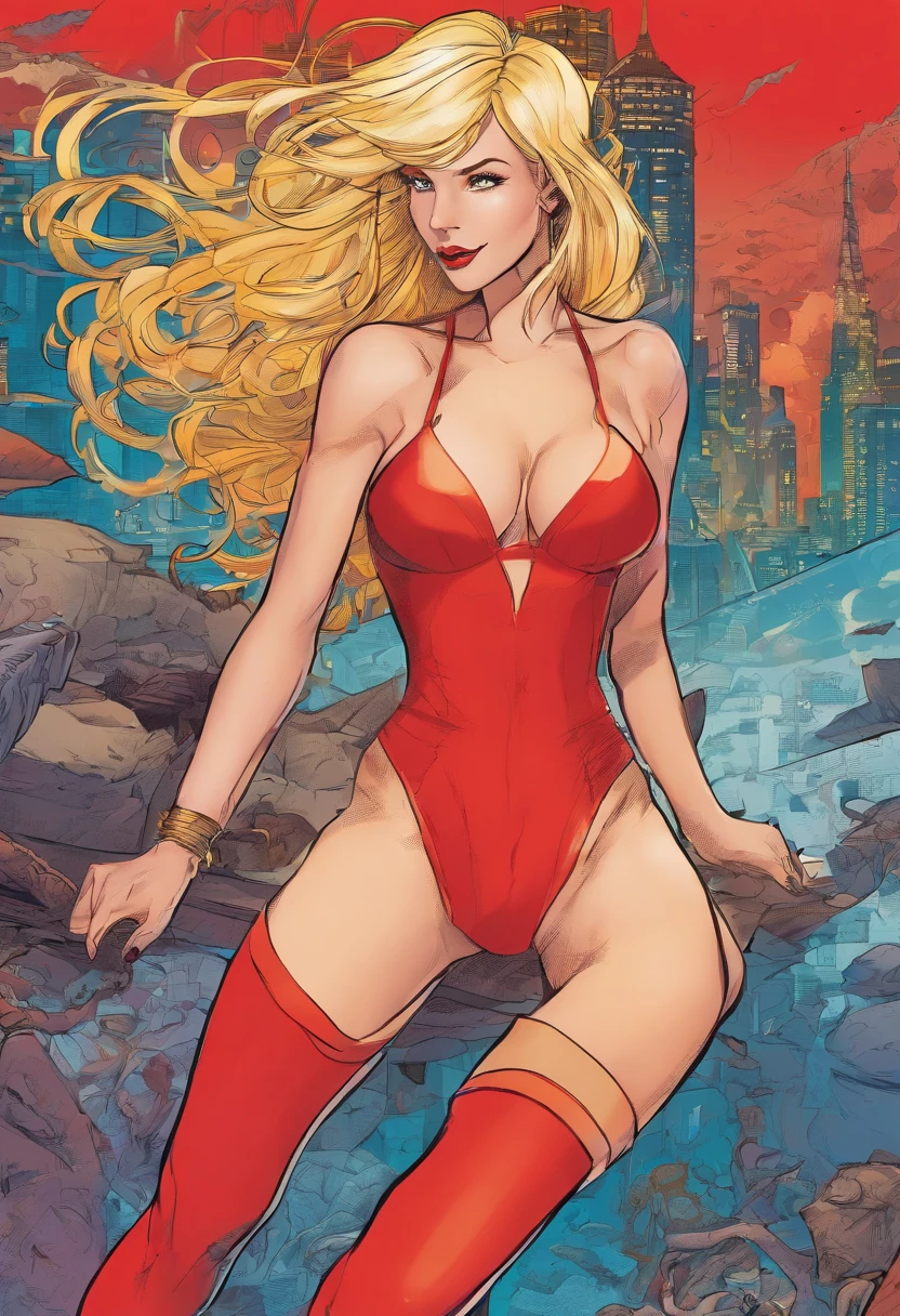 Women with long blonde hair wearing bright red lingerie