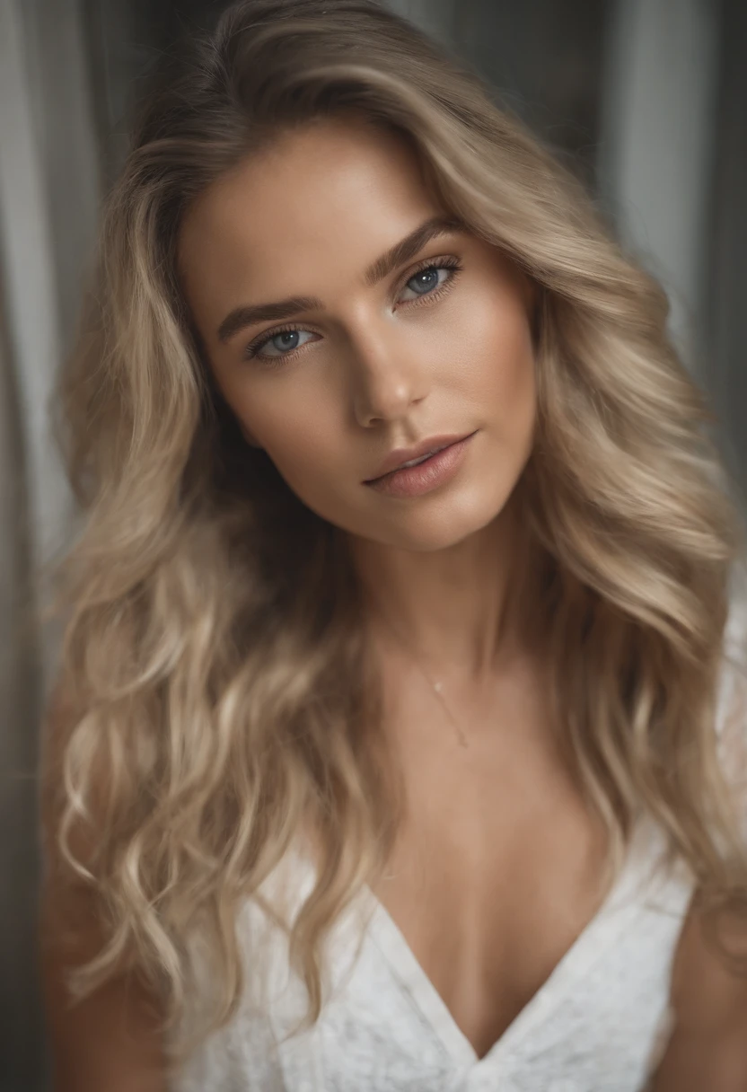 1 personne, (Realistic:1), cheveux bruns, cheveux longs, iris, heureux, chemisier, jupe, Summer, grosse poitrine naturelle, 95 E, pierced nipple