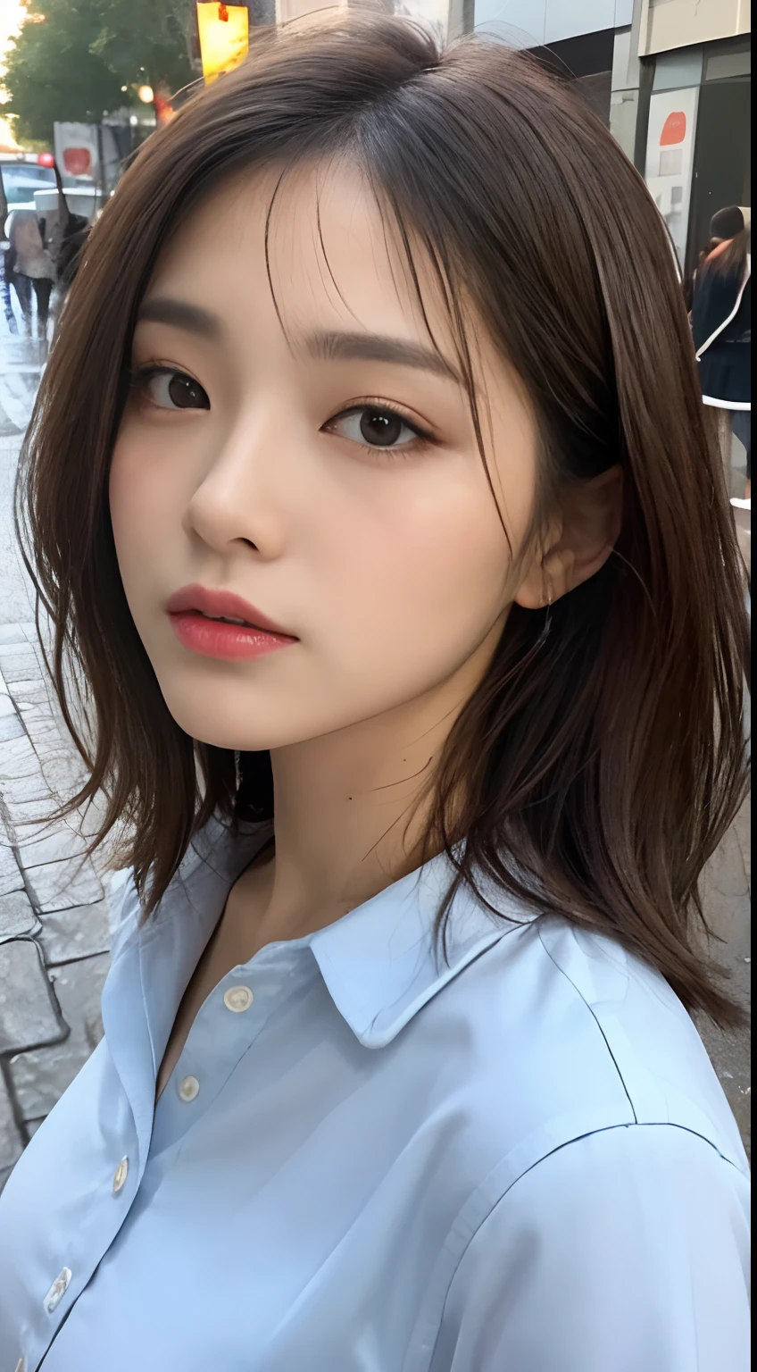 ((Best Quality, 8K, Masterpiece: 1.3)), Sharp: 1.2, Perfect Body Beauty: 1.4, Slim Abs: 1.2, ((Layered Hairstyle, Big Breasts: 1.2)), (Wet White Button Long Shirt: 1.1), (Rain, Street: 1.2), Wet: 1.5, Highly detailed face and skin texture, detailed eyes, double eyelids, side face looking at the camera