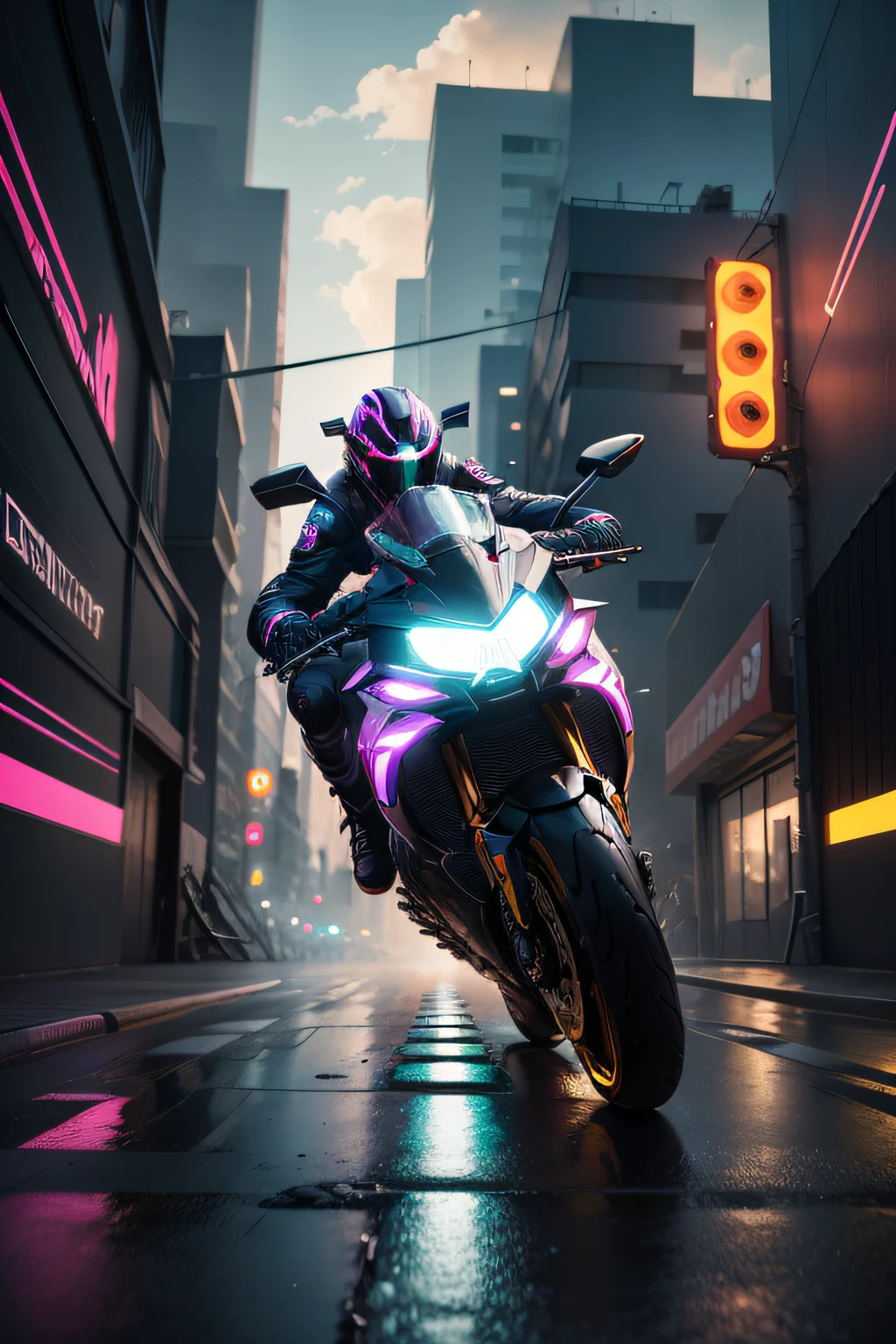 "CYBERMIX ALFA", Paisagem urbana cyberpunk futurista, neon-lit streets, Advanced technology, visuais deslumbrantes, Dynamic angles, cores vibrantes, high-resolution, Detailed buildings, flying vehicles, bustling crowds, holographic advertisements, Personagens elegantes e elegantes, moda futurista, Interfaces de realidade aumentada, caos urbano, Atmospheric Illumination, Shadows Dramatic, intense action, energia acelerada.