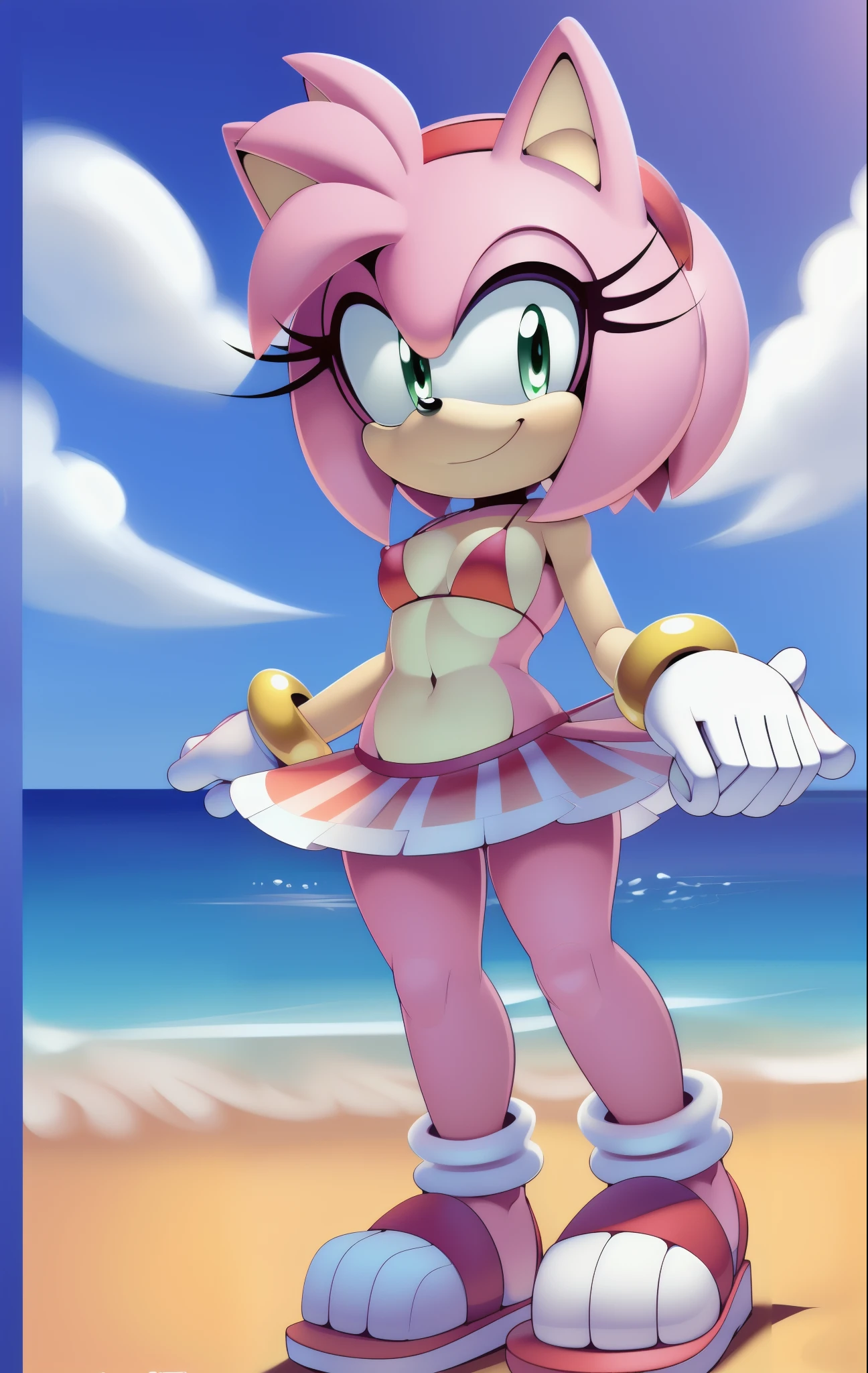 (masterpiece best quality:1.2), hdr, (uploaded on e621), (((by nitro, by chadthecartoonnut, by marthedog)), amy rose, 1girl, looking at viewer, smile, short hair, spiky short ponytail, :3, simple background, gloves,  bikini, swim skirt, small breasts, full body, hairband, flip flops, skin tone arms, white gloves, happy, furry, furry female, red hairband, animal nose, solo, sonic the hedgehog \(series\), green eyes, animal ears, pink hair, pink fur, perfect anatomy,  outside, beach, day time, blue sky, clouds, detailed background, detailed, perfect hands, standing, 5 fingers, paws whit three toes,