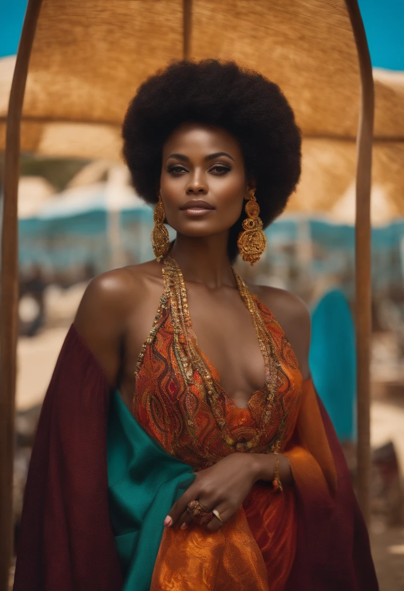Mulher negra com peitos fora, sorrindo.