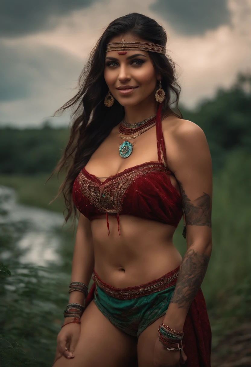 photo realistic, 8k, two girls, full length, bare perfect large breasts, sexy, more native tattoos, face tattoos, running river, Indian jewellery, ethnic braided hair, native American dress, Lacy, deep red green Lacy lingerie, stockings, halter, spear, hunting, cheeky smile, wet, rain, running