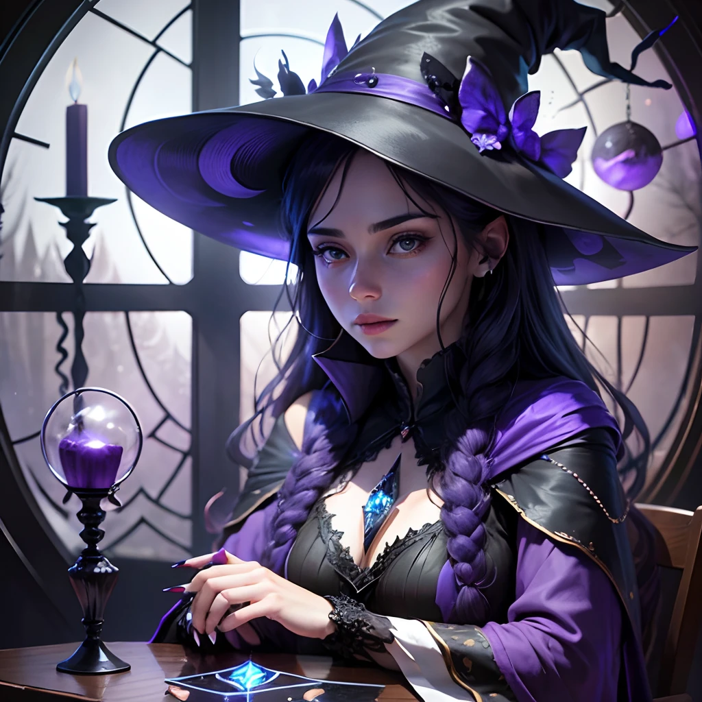 witch covered with a hat and a black suit and long nails holding a crystal ball which hides dark secrets illuminated by violet and blue shadows, on the table there are tarot cards and incense and in the background you can see a giant glass window and the moon full lighting up the room, hyperresist, shadows, lighting, reflection, moon reflection, 5k, detailed, magical, shocking cartoon --auto --s2