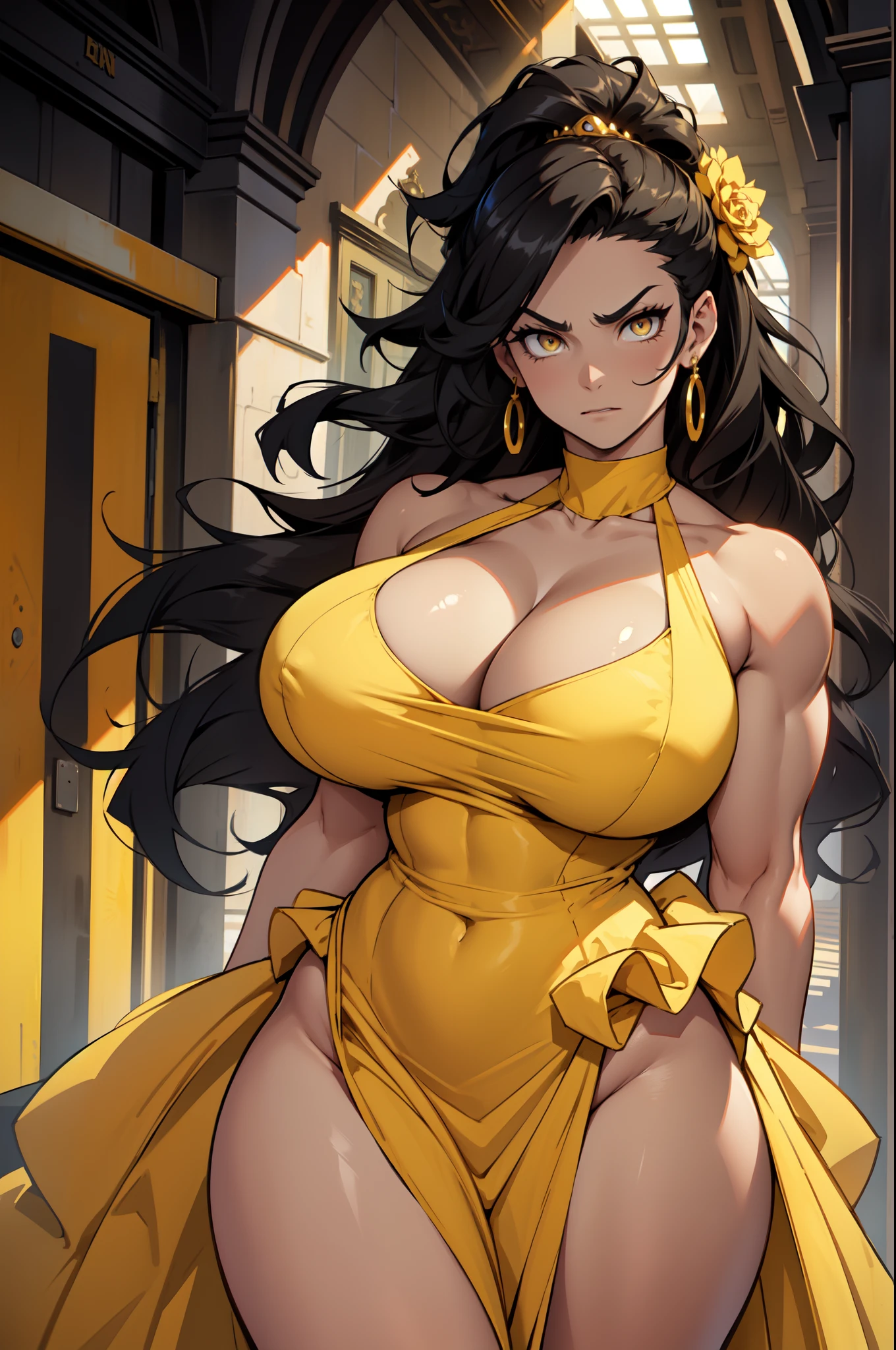 ((ballgown)) girl huge tits bodybuilder black hair yellow eyes pale skin muscular toned body thick thighs curvy angry wide hips wavy hair palace hall background