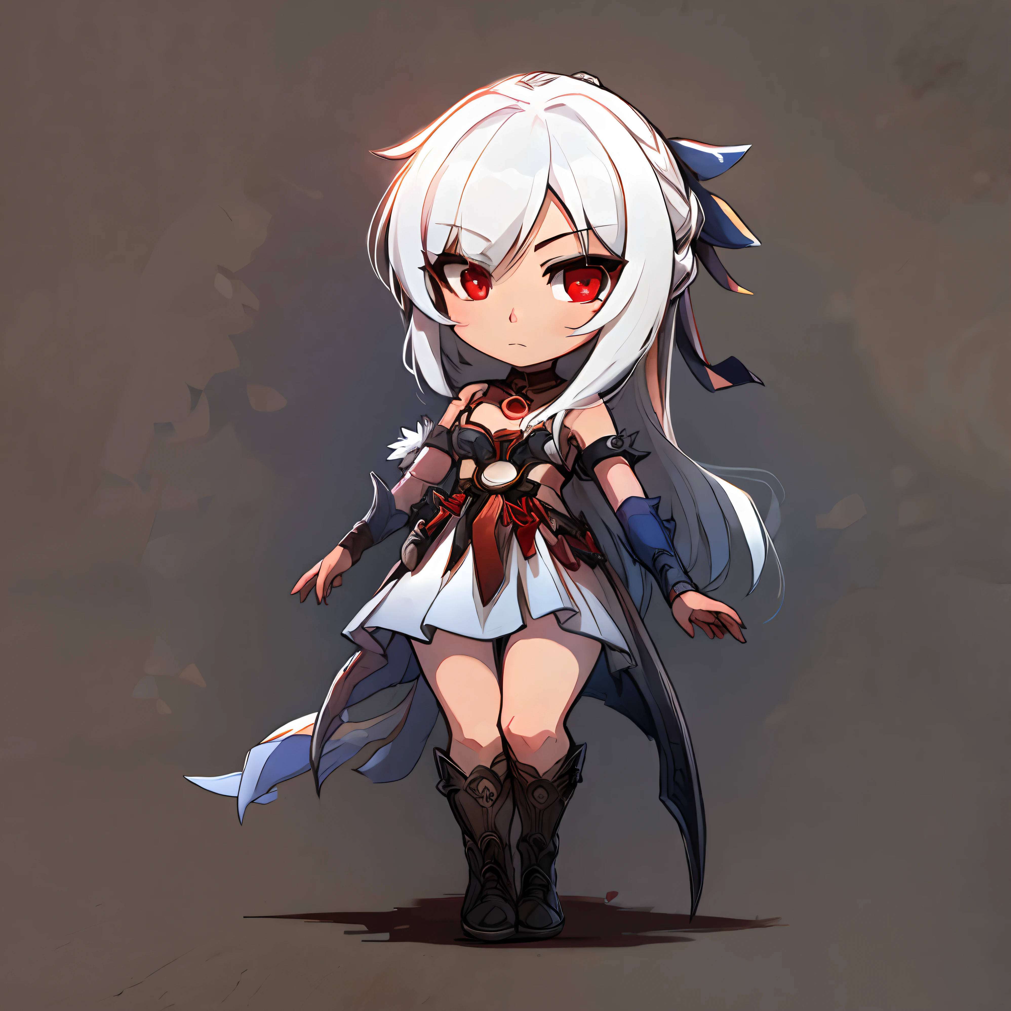 White hair, red eyes, fullbody, human nose, chibi, full human, yandere