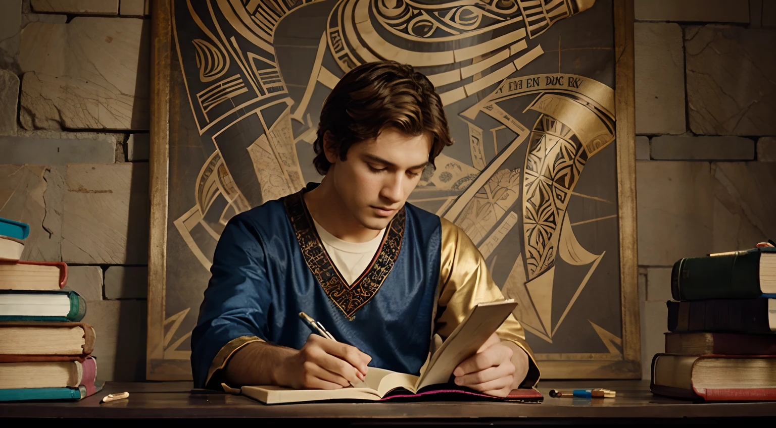 Create An animated sequence showcasing Alexander receiving education from Aristotle, blending vibrant colors and ancient scrolls.