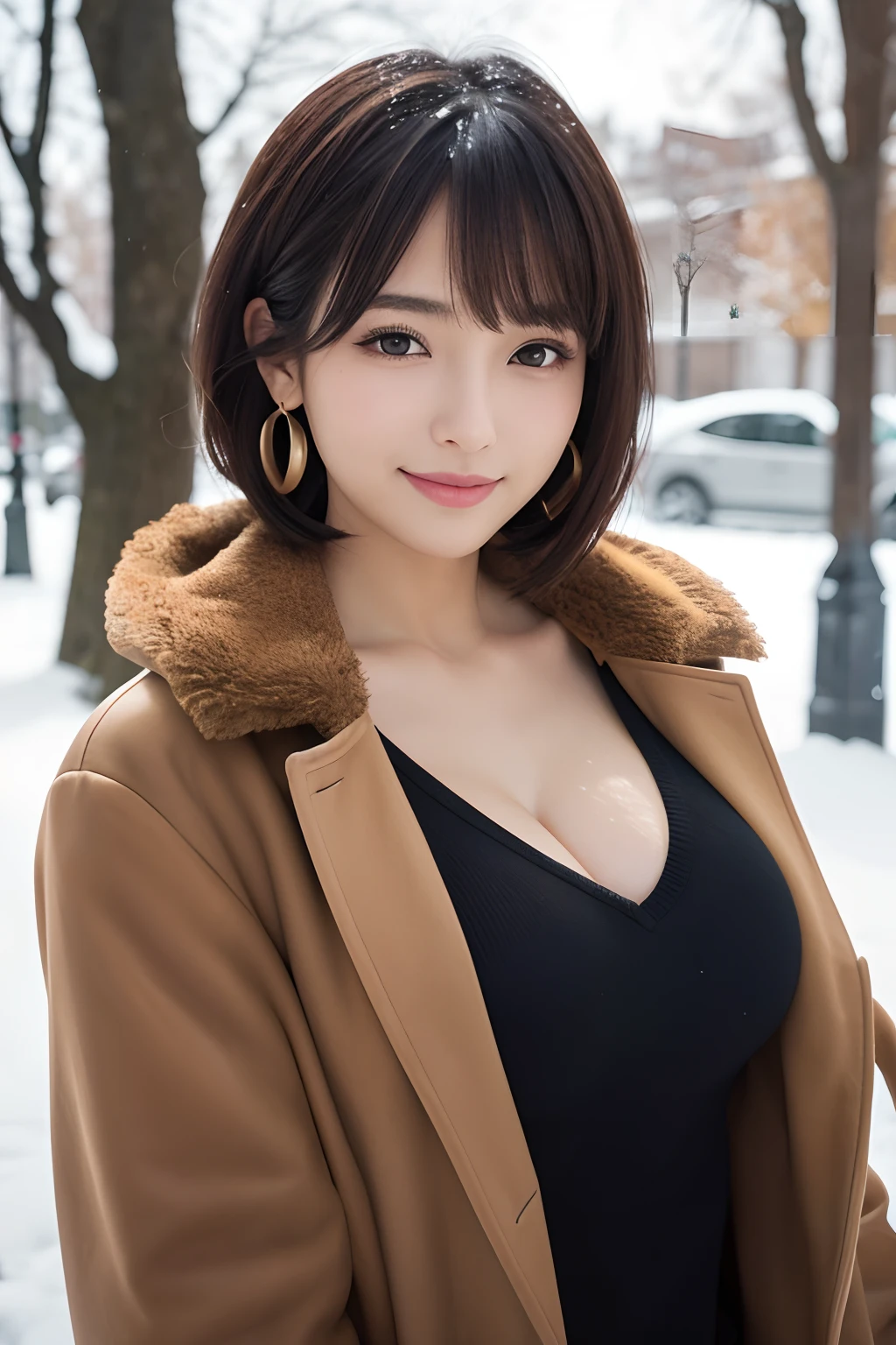 Half Japan and half Spanish, Perfect face, A big smile staring at the camera,1girl in, Bare_tree, brown_Eyes, brown_furr, built, coat,in snow,snowscape,cleavage of the breast, Cross_earrings, 耳Nipple Ring, furred, fur-trim_coat, furr_Collar, furr_scarf, furr_trim, jewely, s lips, Shorthair, up looking_で_viewer, plein air, Yuki, Yuki, 独奏, The tree, The upper part of the body_Body, Winters, Winters_Clothes, Detailed_Eyes,large full breasts、Bring your chest together with your arms、Point your chest at the camera、Colossal tits、Put your ears out、The face of the golden ratio、The body of the golden ratio、top-quality、The ultra -The high-definition、bangss、thick bangs、Shorthair、Short bob hair、shorth hair、short and beautiful hair,Perfect Anatomy、high-definition RAW color photography, professional photograpy, extremely delicate and beautiful, Extremely detailed,finely detail, Huge file size,Top image quality,8K,Photos taken with a single-lens reflex camera