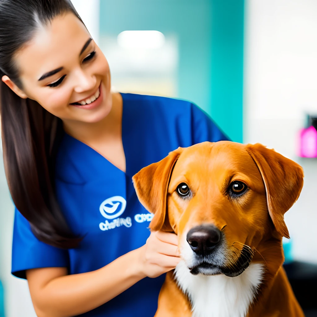 Pet grooming salon, girl with brown hair and brown eyes with dog