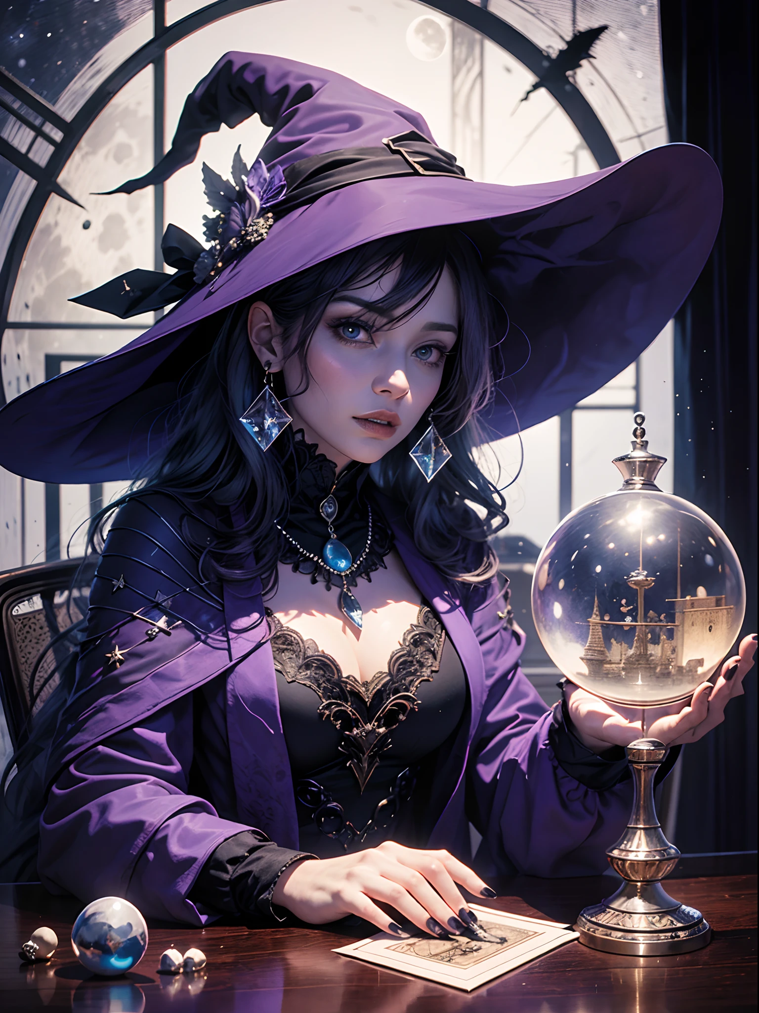 witch covered with a hat and a black suit and long nails holding a crystal ball which hides dark secrets illuminated by violet and blue shadows, on the table there are tarot cards and incense and in the background you can see a giant glass window and the moon full lighting up the room, hyperresist, shadows, lighting, reflection, moon reflection, 5k, detailed, magical, shocking cartoon --auto --s2