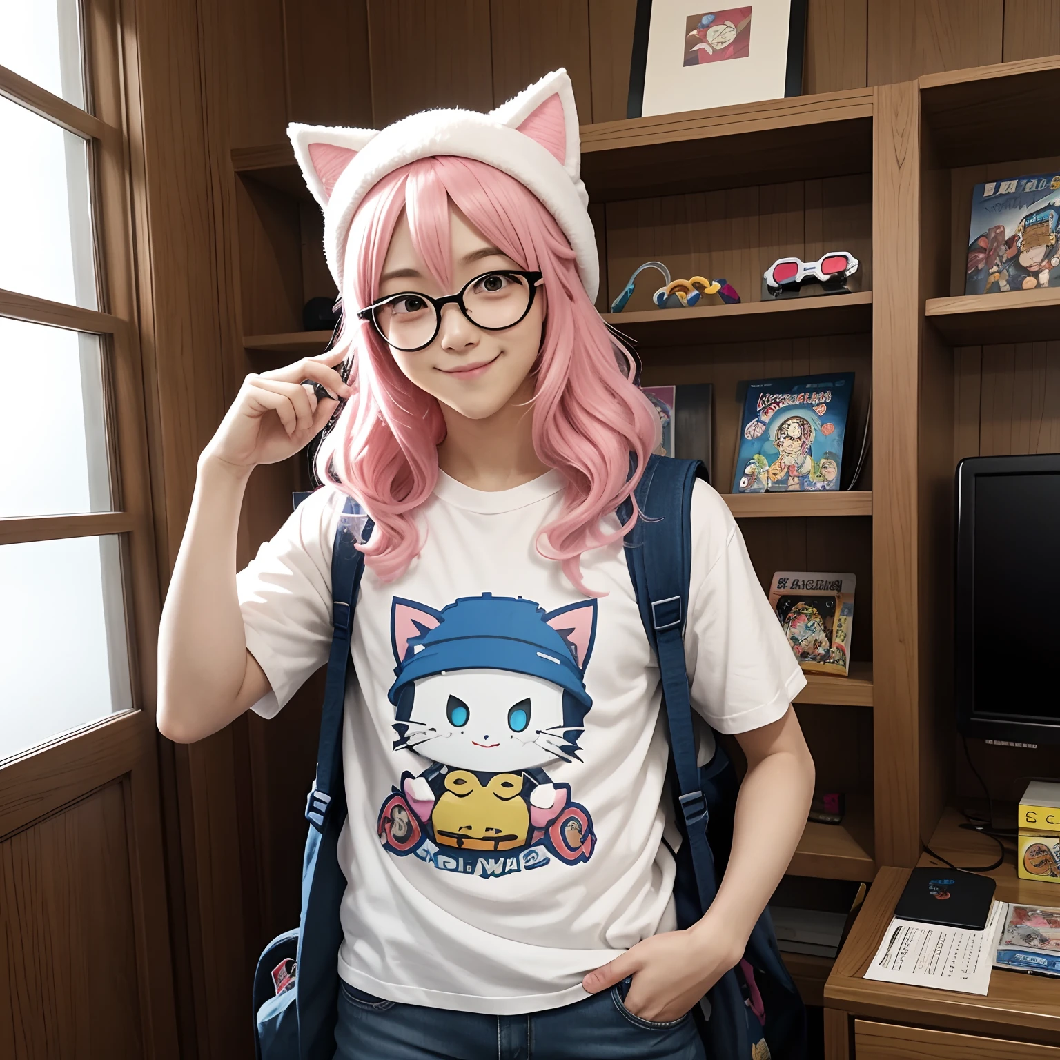 Mina has pale pink hair that falls in loose curls over her shoulders. His eyes are a bright shade of blue and he wears round glasses with a slightly comical touch. He wears a t-shirt with a pixel art print of his favorite video game character and a pair of comfortable jeans. He always wears a wool hat with cat ears to give it a playful touch. In his backpack, he carries a collection of plush keychains from his favorite anime and always has a bag of instant ramen snacks on hand. Personality: Mina is a friendly and smiling person, always willing to share references and anecdotes about otaku culture with a smile. Although his sense of humor is a little eccentric, it is harmless and infectious. Hobbies: She loves attending anime and cosplay conventions, where she often dresses as classic video game characters with a humorous twist. She is also an avid player of retro and modern video games. Otaku Symbols: In his room, you will find a large collection of action figures, video game consoles, and anime posters. It also has a shelf full of manga and light novels, plus a number of themed pillows.