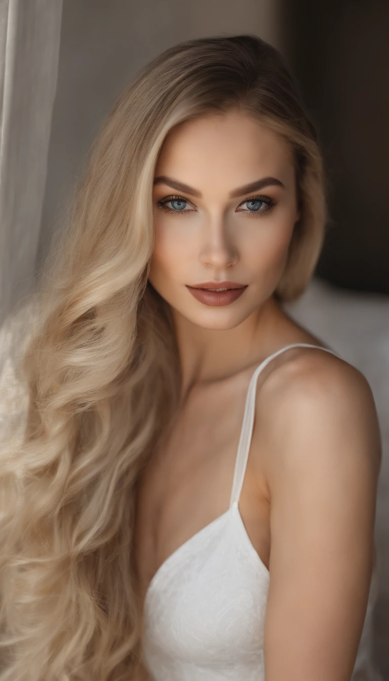 blond woman with long hair and white bra top taking a selfie, sexy face with full makeup, subtle makeup, portrait sophie mudd, sexy face, flawless face, natural soft pale skin, perfect face ), beautiful face and flawless skin, soft portrait shot 8 k, sexy look at the camera, lovely delicate face, beautiful delicate face, soft flawless pale skin, soft makeup