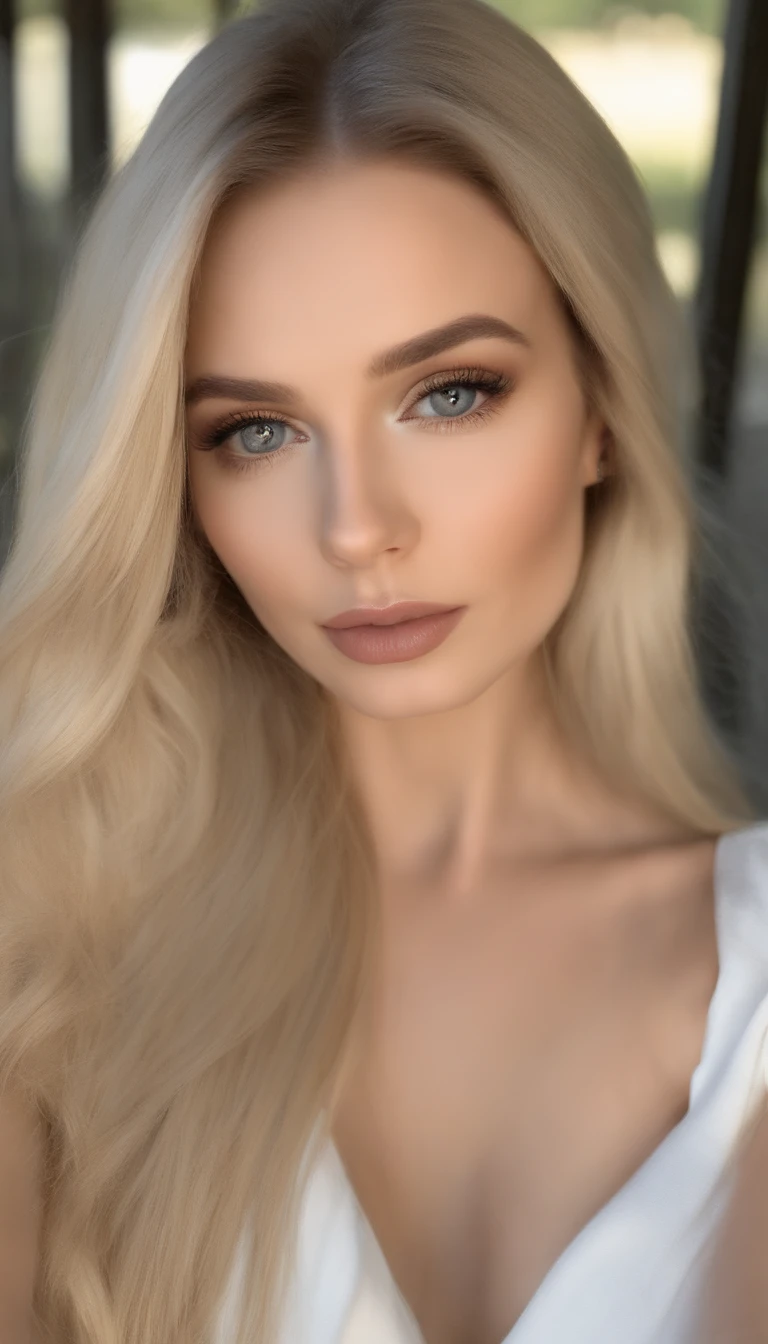blond woman with long hair and white bra top taking a selfie, sexy face with full makeup, subtle makeup, portrait sophie mudd, sexy face, flawless face, natural soft pale skin, perfect face ), beautiful face and flawless skin, soft portrait shot 8 k, sexy look at the camera, lovely delicate face, beautiful delicate face, soft flawless pale skin, soft makeup