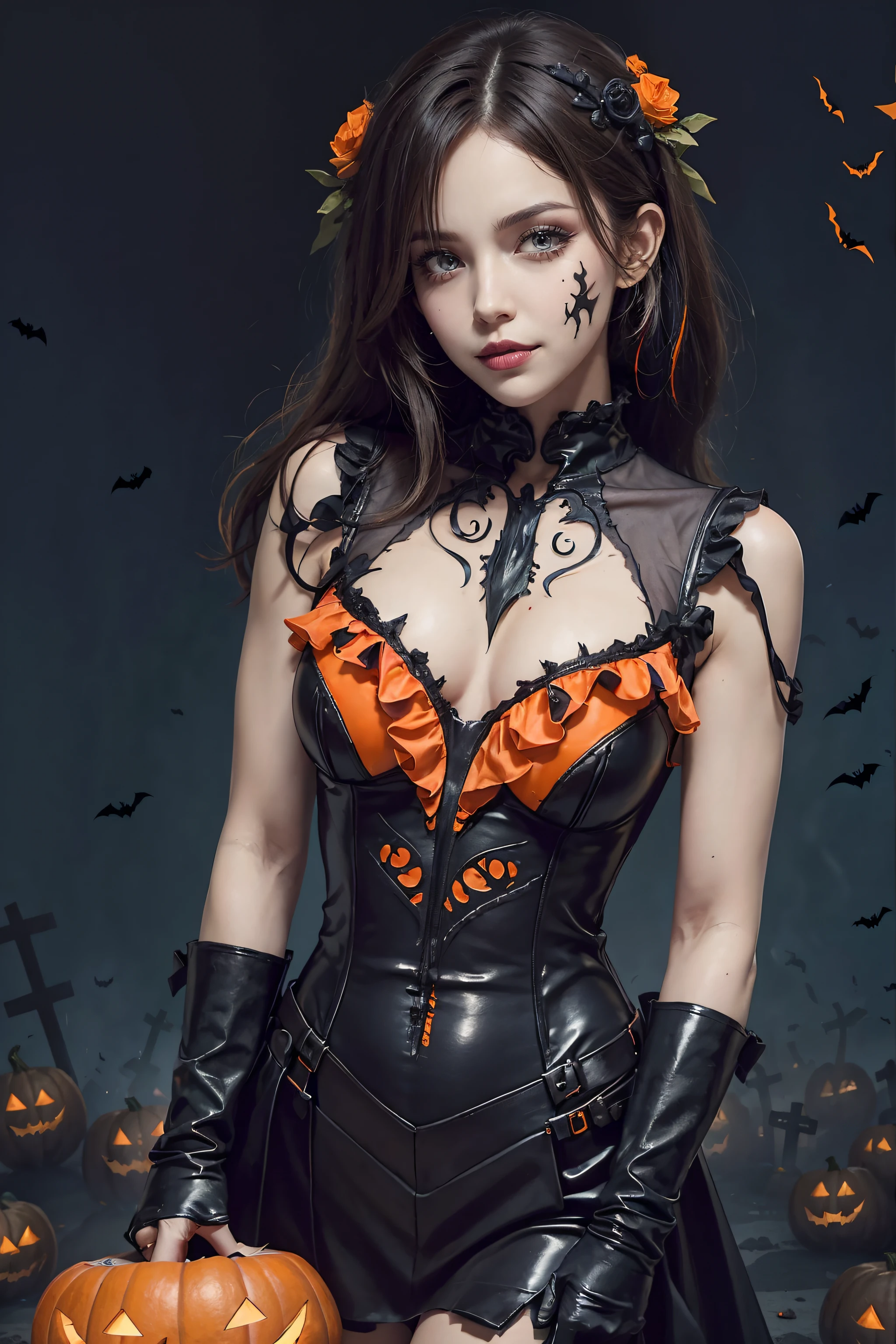 //Style (typographic, lettering arts:1.5),(halloween theme:1.5), BREAK //Quality and character realistic, super photo realistic illustration, hight resolution, ultla detailed, absurderes, (extremely beautiful lady:1.5), (upper body:1.8), (Dynamic Angle:1.2), Medium Hair, flabby flat chest, BREAK //Fashion Orange Dresses, pvc dresses, Black PVC Stockings, Black PVC Boots, BREAK //Background (graveyard background:1.2), Jack-o'-lantern, BREAK //effect (Colorful:1.5),
