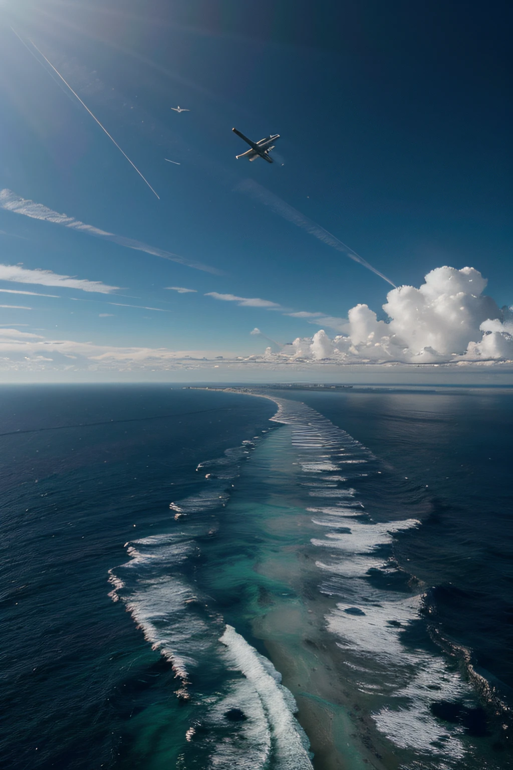 "Generate a high-quality image with advanced levels of detail and cinematic style using artificial intelligence. The image should depict an airplane flying over an ocean, highlighting the details of the clouds and the interaction of the clouds with the light. Make sure the image resolution is a minimum of 800 x 500 pixels to ensure quality and sharpness."