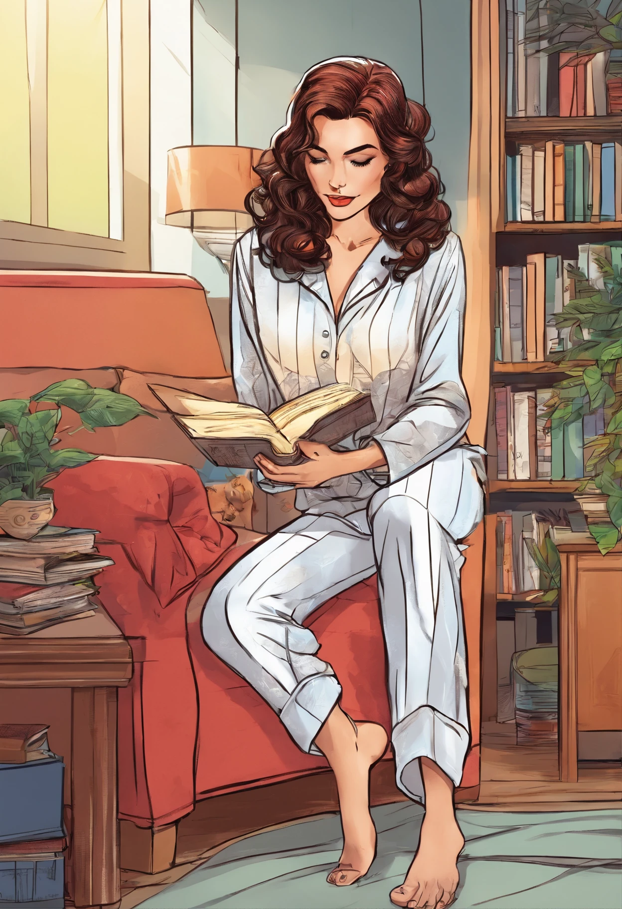 A full-length woman, silver satin pajamas, pajama pants and a shirt. barefoot, next to a book
