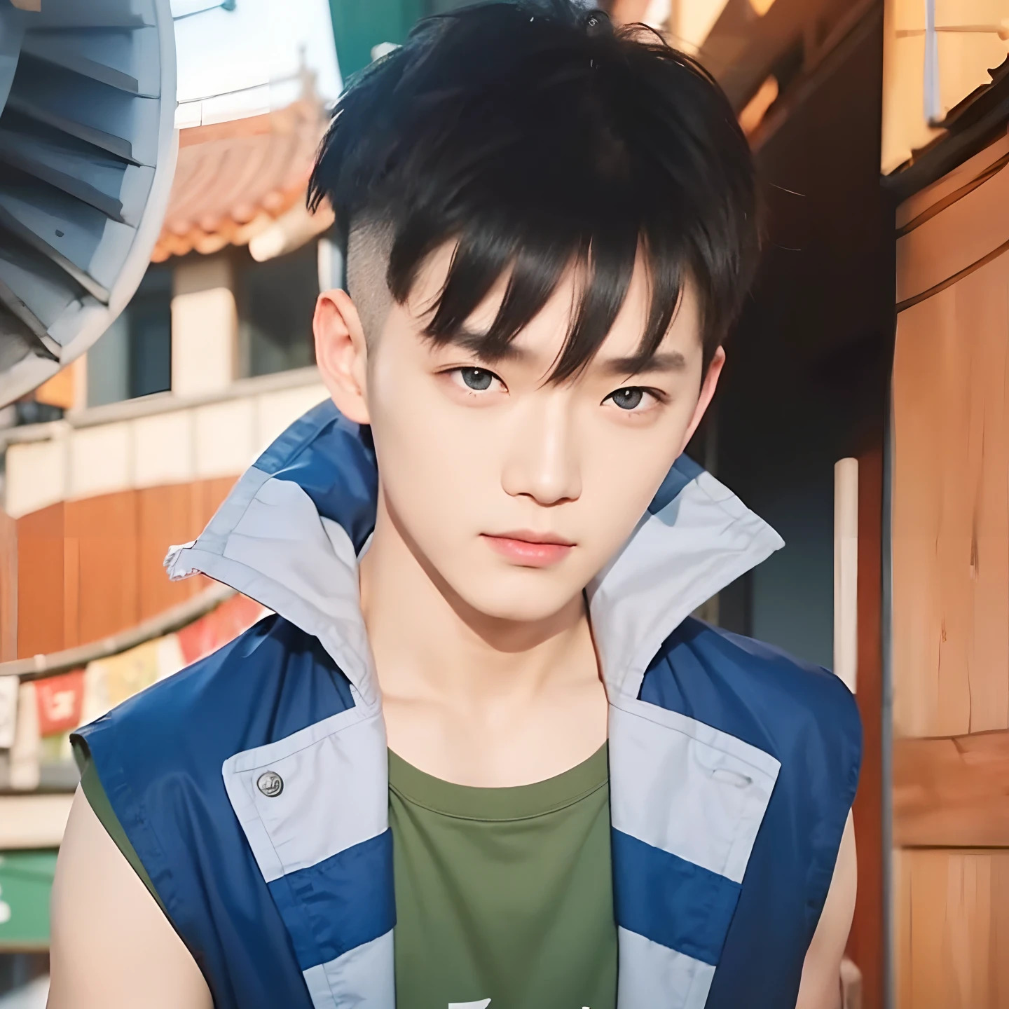 A boy with black and blonde hair,Realistic blonde rough bald side hair bright gray eyes, realistic Korean handsome face, realistic cool expression, exactly the same clothes,Realistic light, realistic background, realistic shadows,Short sleeve shirt