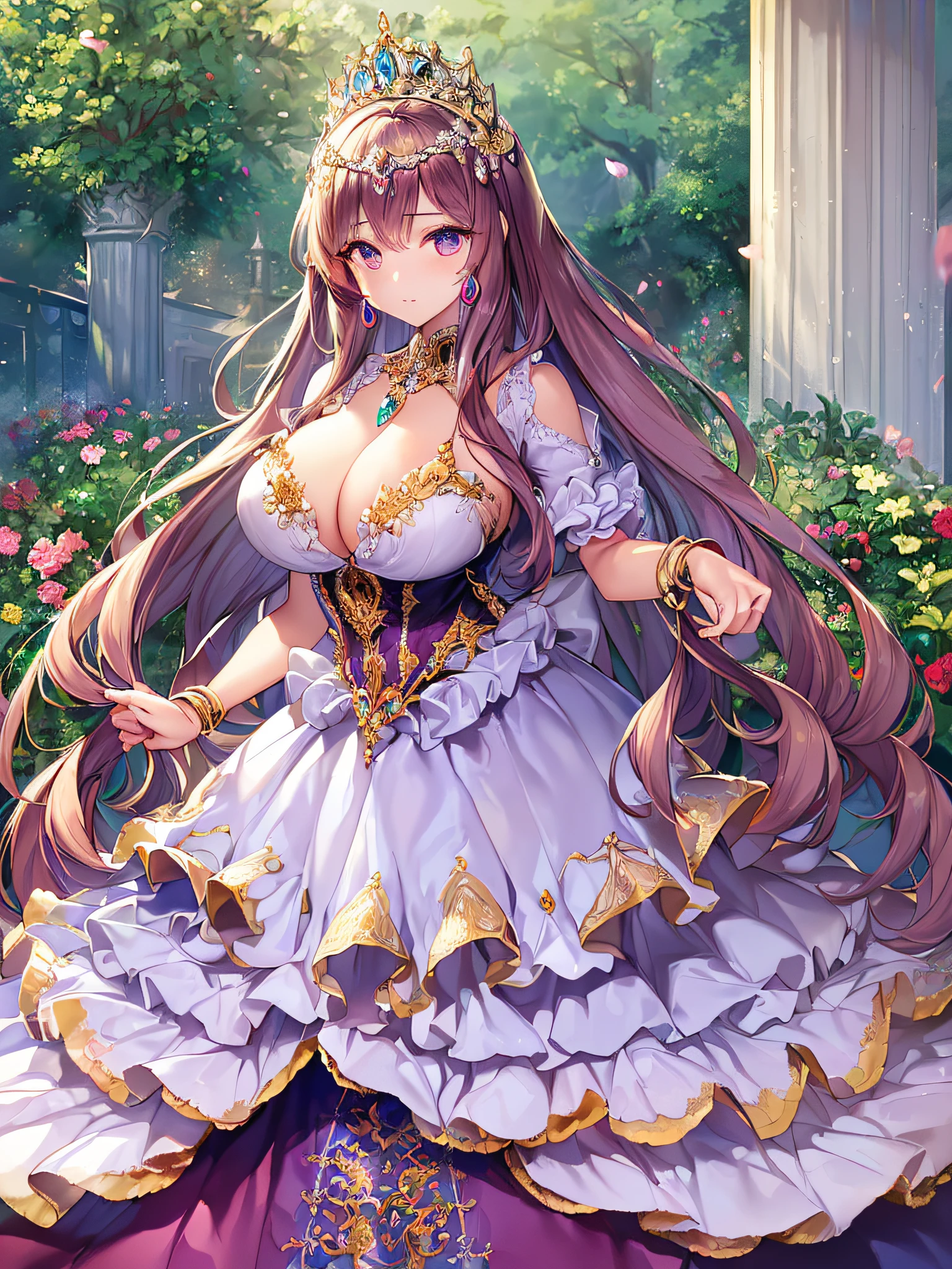 ((anime artstyle)),(Masterpiece),(Best Quality), (Super Detail),((Very Delicate and Beautiful)),(((Solo))),((full body portrait)),((1 princess in gorgeous princess rococo ballgown with voluminous full length hoop skirt)),((crinoline)),Long train,(((standing in garden))),(gorgeous gemstone jewelry),detailed face and eyes,jewel-like eyes,((large amount of straight hair,extremely voluminous Hair,Very Long Straight Hair)),((gigantic tits,Long tits)),cleavage,extremely gorgeousfull hair ornament,((bling-bling extremely gorgeousfull jeweled tiara)),((Dynamic Angle)),Looking at viewer,,flowers,flower petals flowing,((gorgeous princess rococo ballgown with voluminous full length hoop skirt))