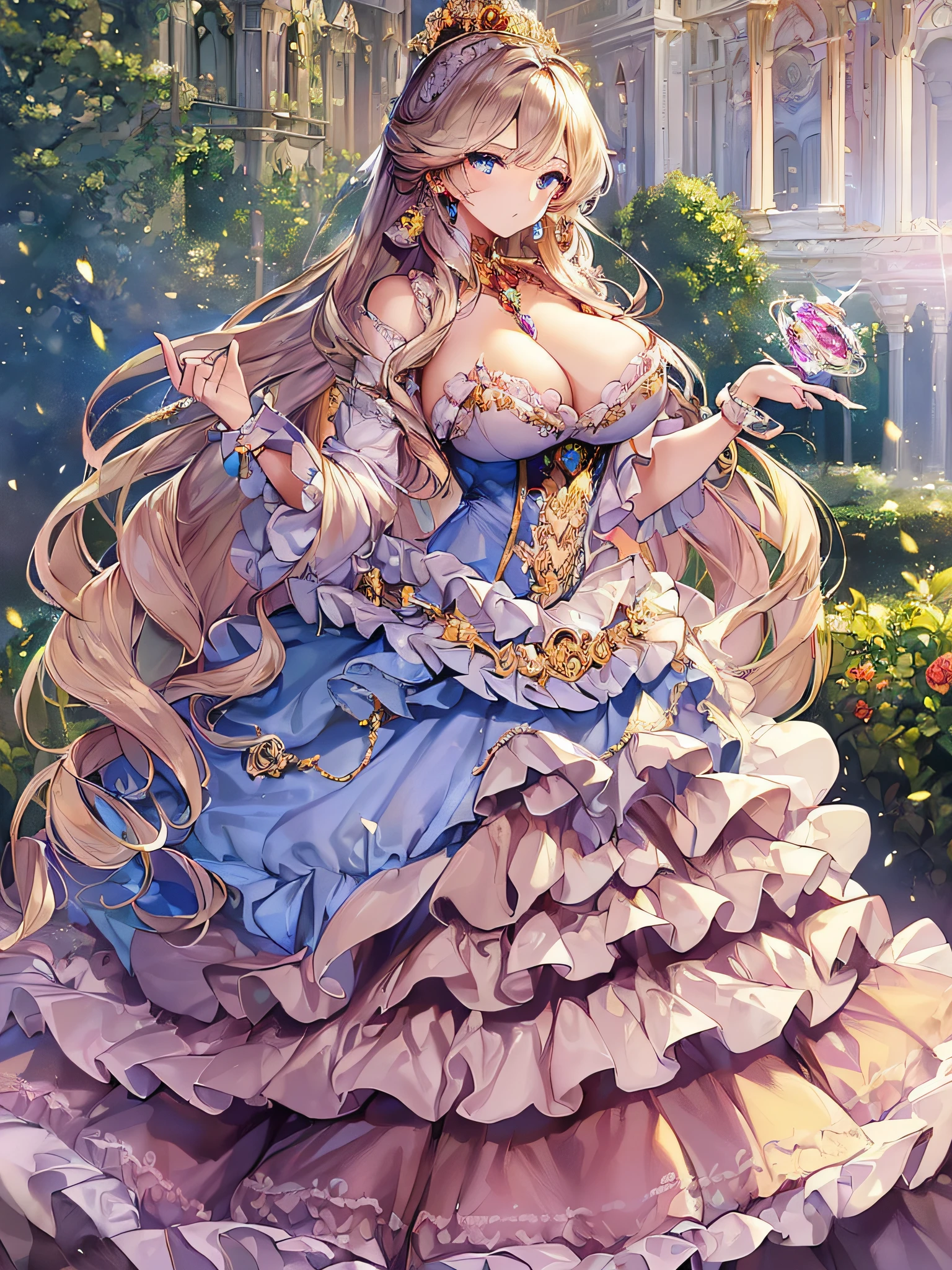 ((anime artstyle)),(Masterpiece),(Best Quality), (Super Detail),((Very Delicate and Beautiful)),(((Solo))),((full body portrait)),((1 princess in gorgeous princess rococo ballgown with voluminous full length hoop skirt)),((crinoline)),Long train,(((standing in garden))),(gorgeous gemstone jewelry),detailed face and eyes,jewel-like eyes,((large amount of straight hair,extremely voluminous Hair,Very Long Straight Hair)),((gigantic tits,Long tits)),cleavage,extremely gorgeousfull hair ornament,((bling-bling extremely gorgeousfull jeweled tiara)),((Dynamic Angle)),Looking at viewer,,flowers,flower petals flowing,((gorgeous princess rococo ballgown with voluminous full length hoop skirt))