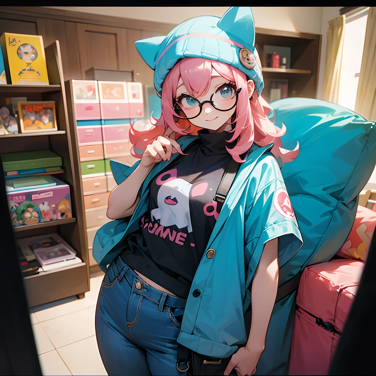 Mina has pale pink hair that falls in loose curls over her shoulders. His eyes are a bright shade of blue and he wears round glasses with a slightly comical touch. He wears a t-shirt with a pixel art print of his favorite video game character and a pair of comfortable jeans. He always wears a wool hat with cat ears to give it a playful touch. In his backpack, he carries a collection of plush keychains from his favorite anime and always has a bag of instant ramen snacks on hand. Personality: Mina is a friendly and smiling person, always willing to share references and anecdotes about otaku culture with a smile. Although his sense of humor is a little eccentric, it is harmless and infectious. Hobbies: She loves attending anime and cosplay conventions, where she often dresses as classic video game characters with a humorous twist. She is also an avid player of retro and modern video games. Otaku Symbols: In his room, you will find a large collection of action figures, video game consoles, and anime posters. It also has a shelf full of manga and light novels, plus a number of themed pillows.