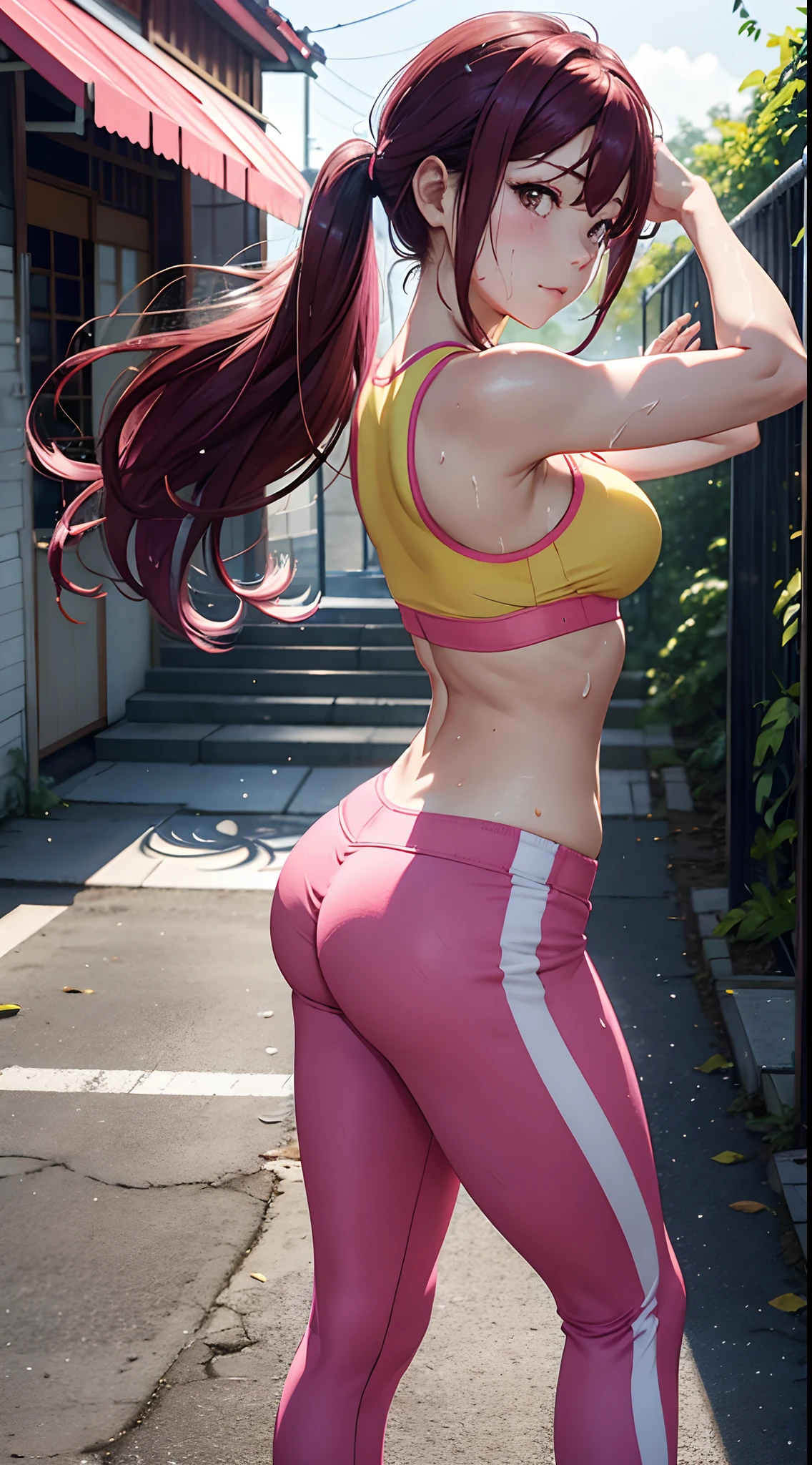 Sakurauchi riko, pink skinny sweet pants, tight gym bra, sweating,sweat drops ,  (cleavage:0.7),unstyled hair,wet hair,yellow eyes,thicc legs, standing, posing for picture, slightly smile, (from side:0,8), curvy body,ass, pants wedgie