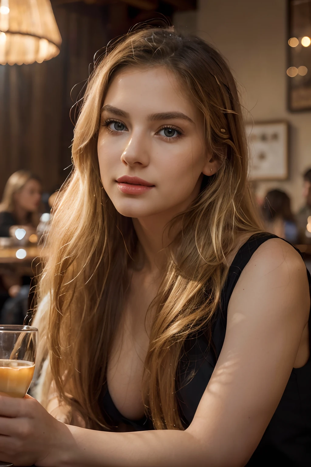 The Stable Diffusion prompt for the given theme "long blonde hair red lips, plain black shirt, sitting in restaurant" can be as follows:
"(best quality,4k,8k,highres,masterpiece:1.2),ultra-detailed,(realistic,photorealistic,photo-realistic:1.37),portraits,vivid colors,long blonde hair,red lips,plain black shirt,sitting in restaurant,beautiful detailed eyes,beautiful detailed lips,extremely detailed face,relaxed expression,gentle lighting,background of a cozy restaurant,soft focus,subtle shadows"