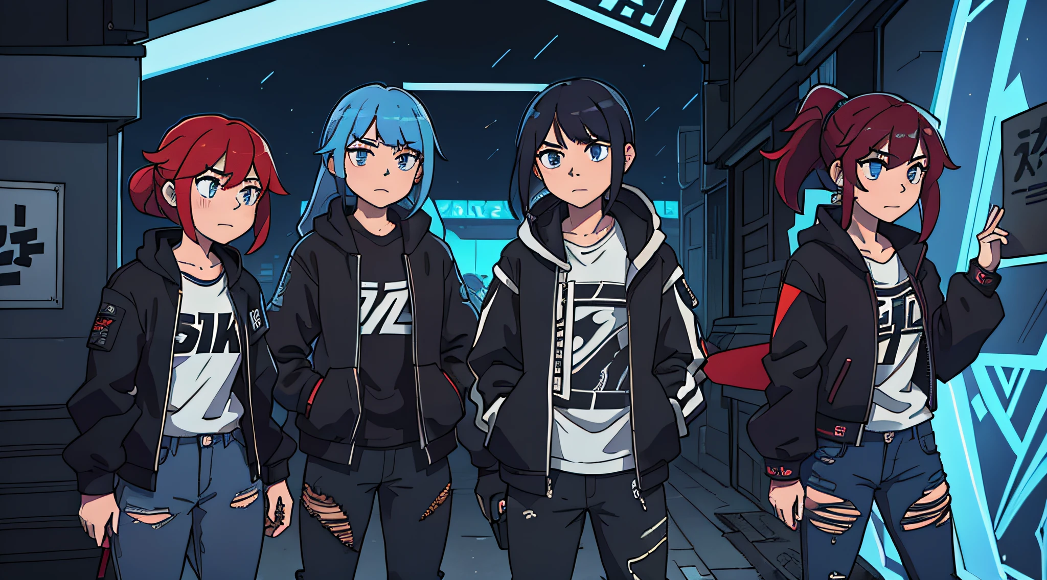 Au centre de la composition, The main character stands with his mech, arborant un style streetwear, while the other two girls have an urban look. Next to the main character, Asuka is present, wearing her streetwear outfit with ripped jeans, un t-shirt noir, une veste en cuir et des baskets. Her red hair falls over her shoulders, And his confident demeanor emanates from his gaze. The Wick, with its redesigned armor and graffiti patterns in black and silver, stands by his side, with blue neon lights illuminating her arms and legs. The result is a striking visual composition, mixing streetwear and urban styles while maintaining a touch of mystery and originality. Le personnage principal de "Kill la Kill" Stands nearby, adding a familiar touch to the whole without naming the anime it belongs to.