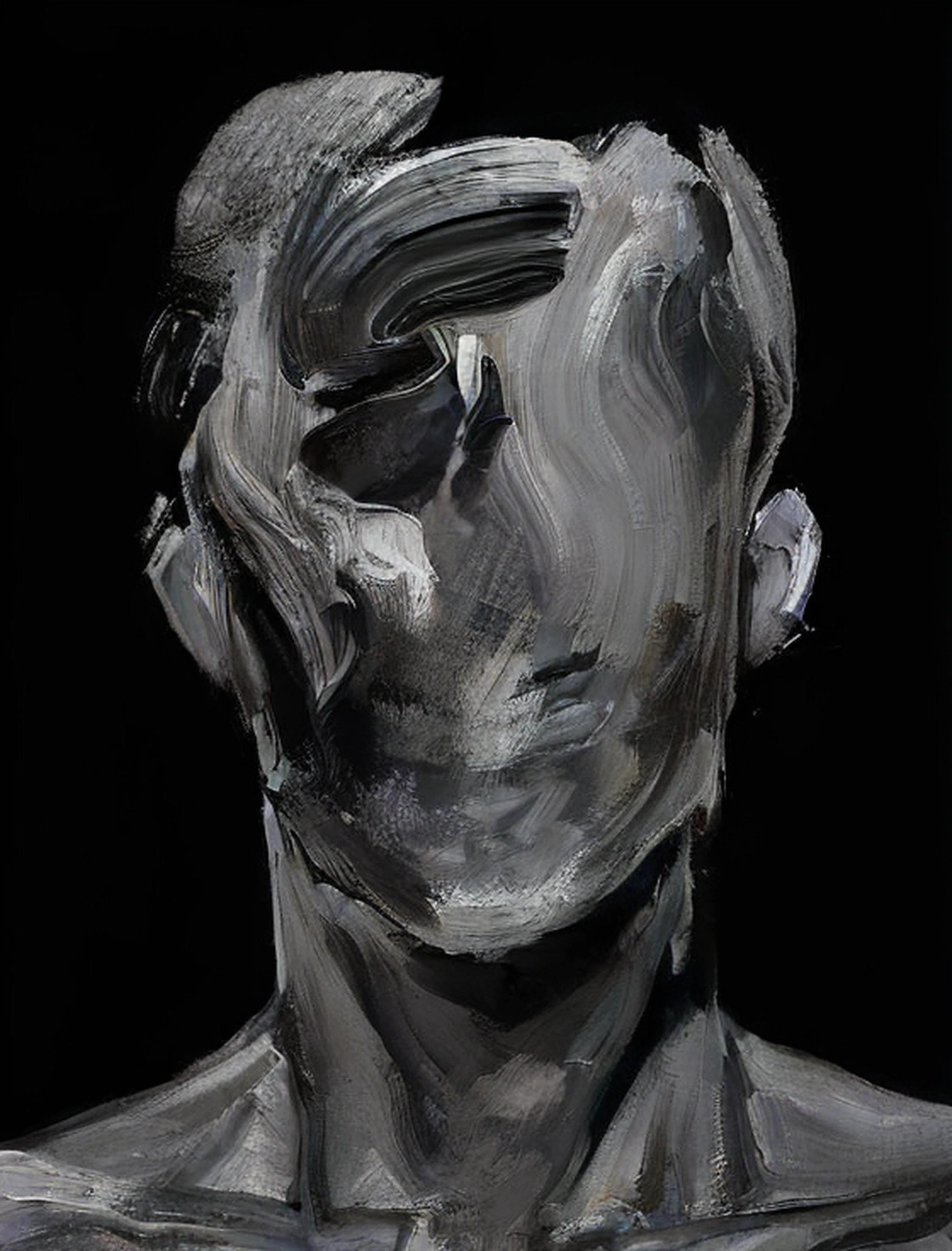 Close-up of a man with a black and white painting on his face, Peinture sur visage en niveaux de gris, Portrait abstrait, An expressive digital painting, Digital Painted Art, A bleak picture of schizophrenia, lisse. digital painting, par Patrick Pietropoli, digital art 4k unsettling, Portrait en peinture, Expressive digital painting, Humanoid portrait, dark but detailed digital art, hdr , 8k
