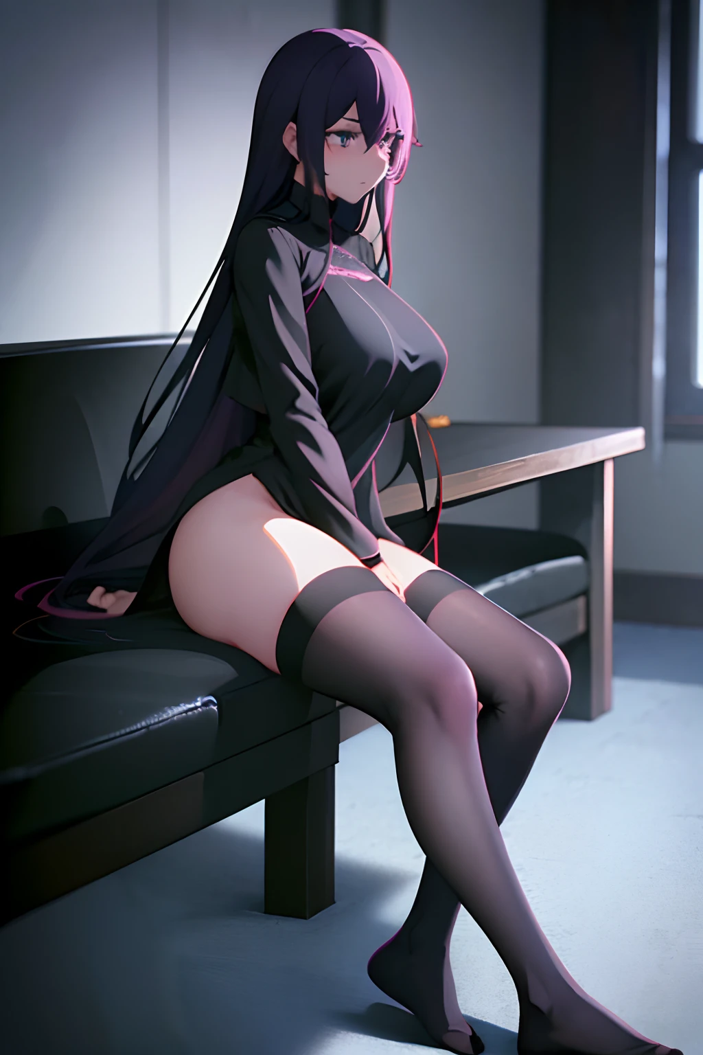 Hyperrealistisches 1Girl, lange lila Haare, big boobs, schwarzes kurzes Kleid, Black Lence stockings, ArtStation, Hochdetailliertes Gesicht, Niedliches Gesicht 4K, awards winning, auf dem Bett sitzend, Legs and feet