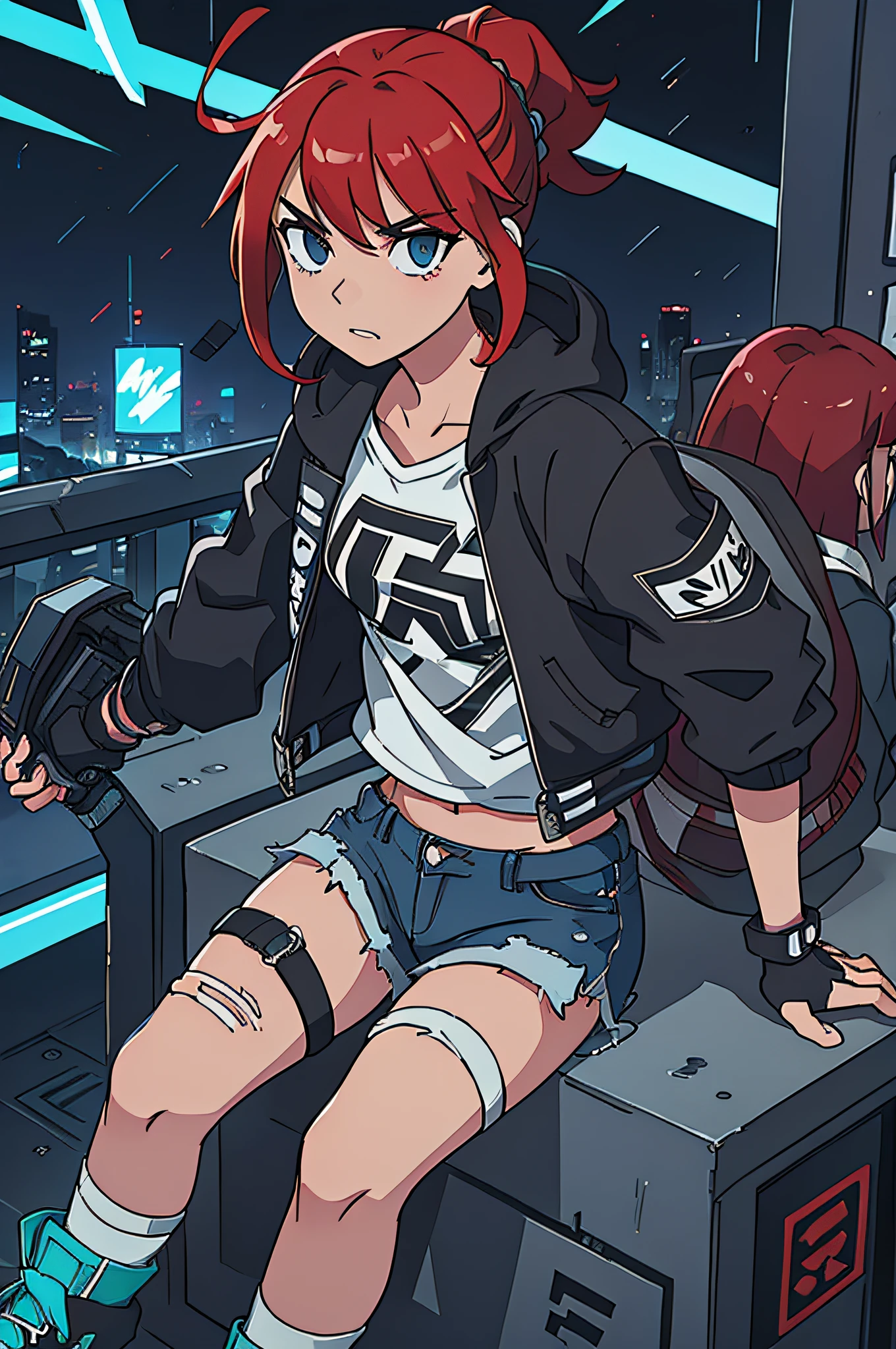 Au centre de la composition, The main character stands with his mech, arborant un style streetwear, while the other two girls have an urban look. Next to the main character, Asuka is present, wearing her streetwear outfit with ripped jeans, un t-shirt noir, une veste en cuir et des baskets. Her red hair falls over her shoulders, And his confident demeanor emanates from his gaze. The Wick, with its redesigned armor and graffiti patterns in black and silver, stands by his side, with blue neon lights illuminating her arms and legs. The result is a striking visual composition, mixing streetwear and urban styles while maintaining a touch of mystery and originality. Le personnage principal de "Kill la Kill" Stands nearby, adding a familiar touch to the whole without naming the anime it belongs to.