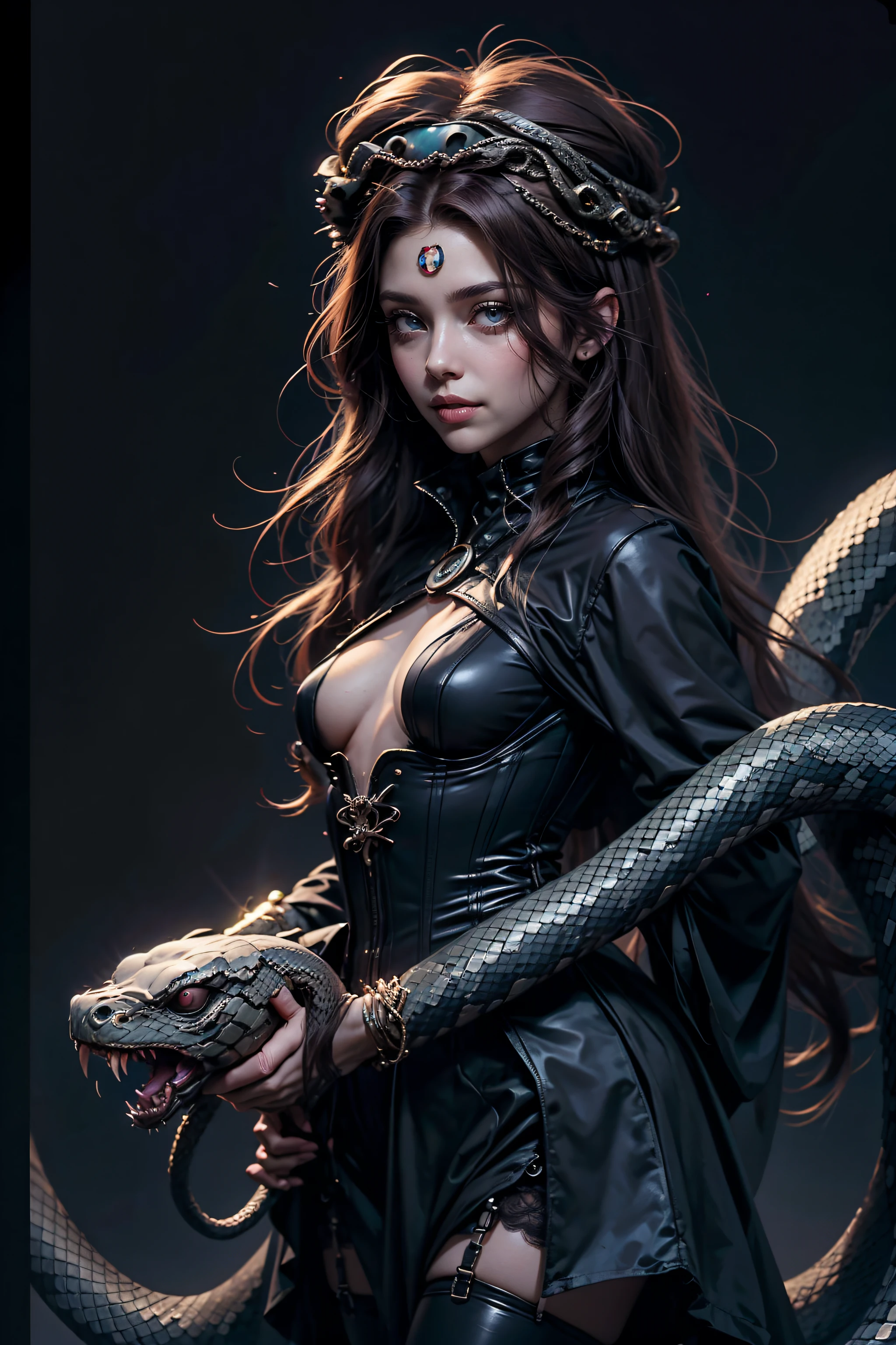 (Halloween theme:1.2), (fantasy:1.2), monster girls, long hair, snakes, gorgon, snake hair, BREAK, Beautiful illustration, top-quality, (cute Russian medusa girl, white people:1.3, Caucasian:1.3), having medusa features, (medusa:1.5), BREAK, (medusa hair:1.5), (snake hair:1.3), (hair is composed of countless small snakes:1.3), (blue eyes, pale skin:1.1), (beautiful, 20 years old:1.5), slim, slender, (small-medium breasts), clean face:1.3, BREAK, (black elegant full lacy dress), (latex corset), (black latex stockings), (knee-high-over-boots, pin-hells), (insanely detailed clothes), BREAK, arms behind back, arms up on head, blue eyess, lovely thighs、jack o'lantern, (looking straight at the viewer), (view viewer:1.3), (upper body:1.3), top angle, simple black background, (((dark background:1.5))),