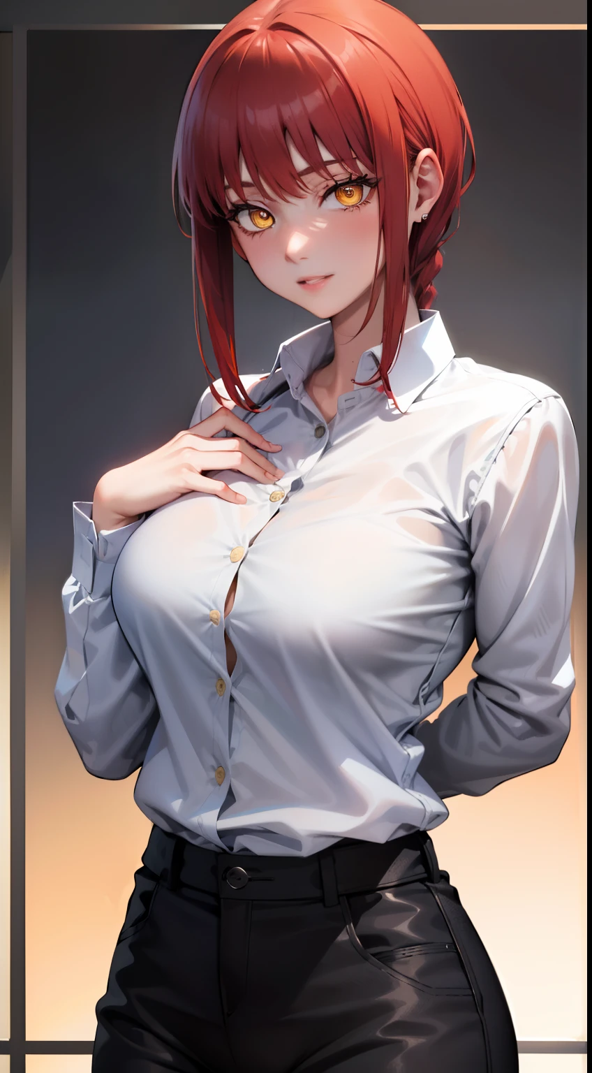 (masterpiece, best quality:1.2), solo, 1girl, red hair, yellow eyes, makima,, unbuttoned shirt with collar, on the chest, a lot of, black unbuttoned pants, wide hips,