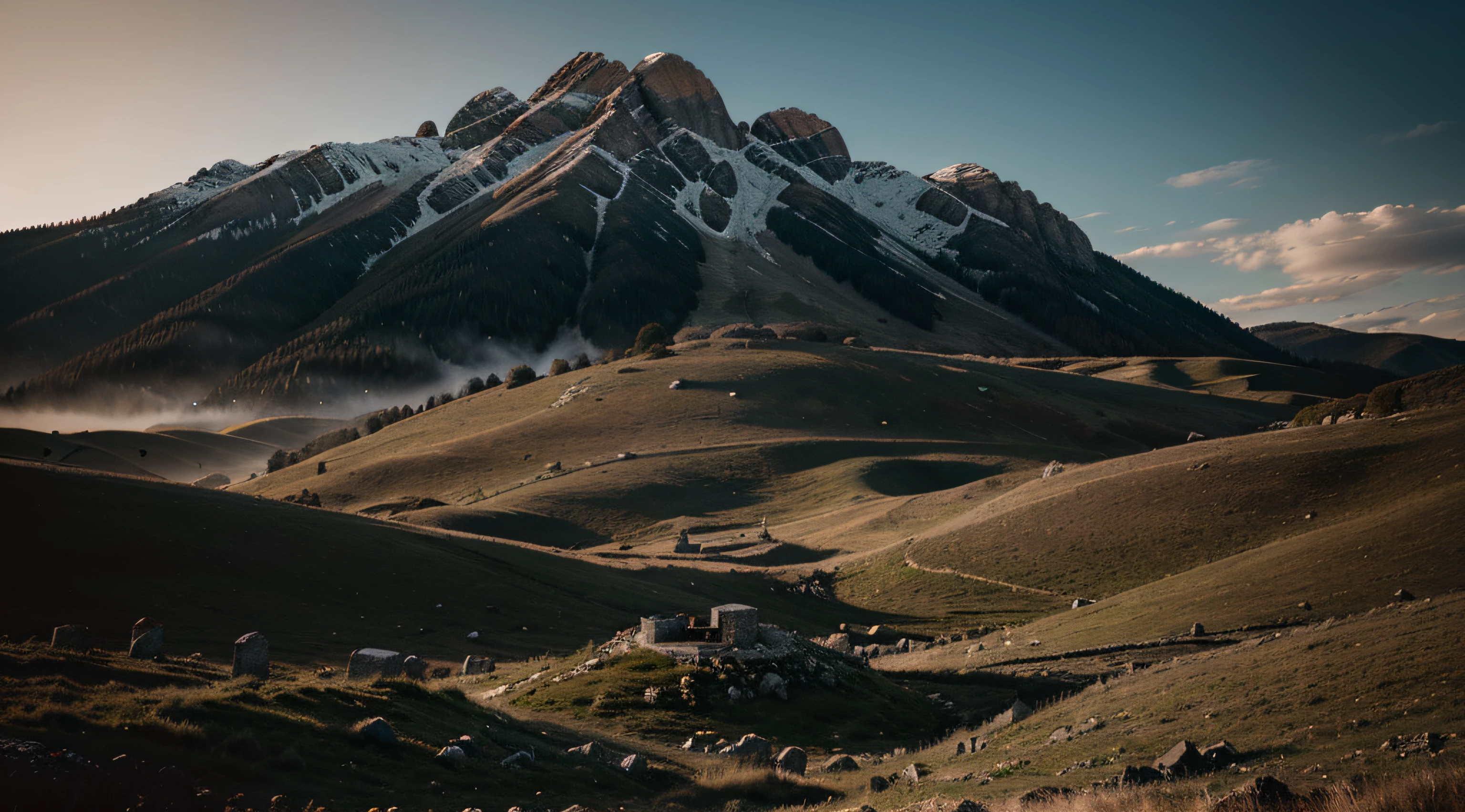 rolling hills covered in dead vegetation and small ruined dark-age villages, climbing to a higher altitude away from a low angle camera that is looking up from the ground at the base of the hills. [Minimal skyline, Centred shot, Panoramic, Dark colour palette, UltraHD, Photorealism, Gothic Horror, Epic]