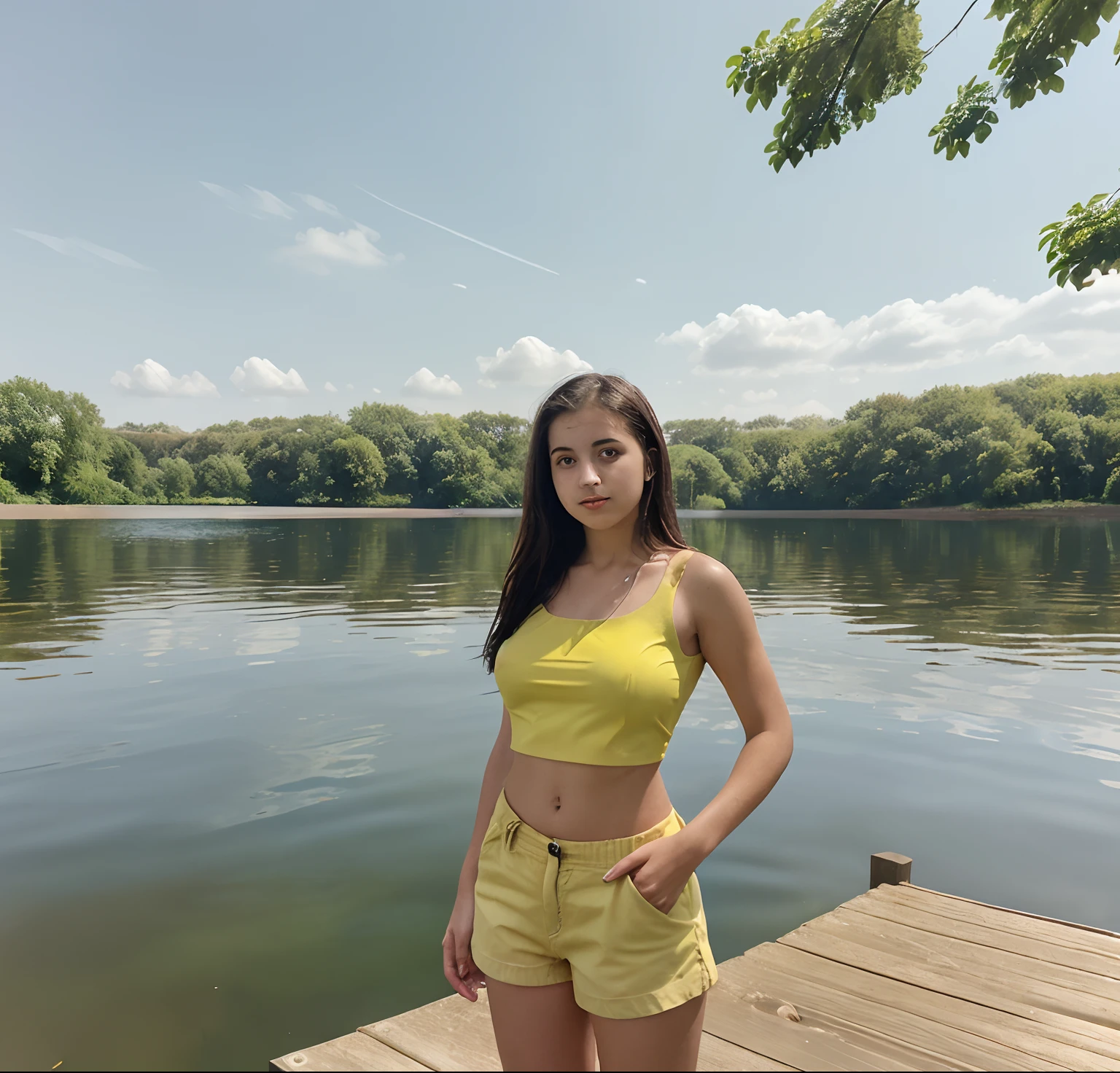 arafed woman in a yellow top and blue shorts standing on a dock, in a lake, standing next to water, on a lake, in a park and next to a lake, lake in the background, at a park, good young girl, standing in a lake, she is about 1 6 , in a pond, with a park in the background she has massive tits
