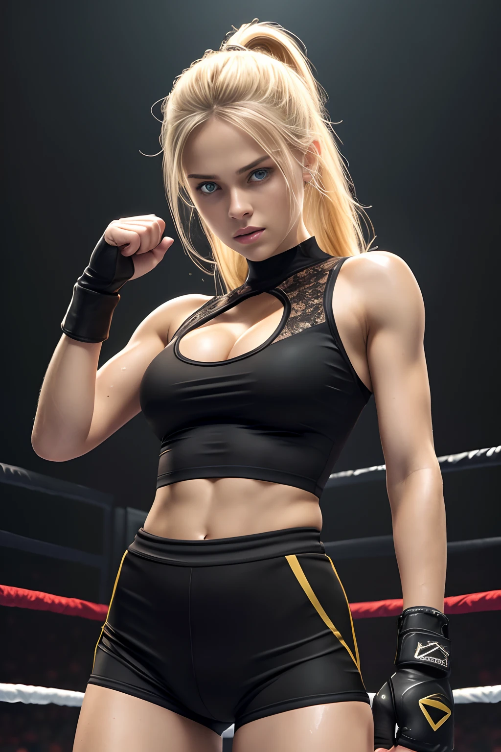young european blonde, sweaty girl, full body, dynamic pose, action pose, girl struggling and suffering, sweat all over her body, very detailed wallpaper, black transparent lace top, best quality, masterpiece, photo reality, realistic, very detailed illustrations, 1 girl, beautiful blue eyes, delicate face, perfect details, better lighting, super complex details, fighter, aggressive punches, small top, short top, black top with high collar to the neck, sleeveless top, transparent lace on the side of the breasts, visible side of the breasts, large cleavage in the center, exposed belly, exposed abdomen, defined abdomen, sensuality (sweat on the body) white stripes on the hands, stripes with blood), sweat, heavy breathing, attack oppressive, fighting arena, body curves, small shorts, short shorts, ecstatic appearance, yellow athletic shorts, perfect details, camel toe, perfect fingers, perfect limbs, impact, (shiny skin), defined abdomen, muscles, waist, top black, tight shorts, fight, blonde hair, golden hair, high ponytail, very long hair, steam, angry eyes, unified 4K, (super detailed CG: 1.2), (8K: 1.2), realistic, rendering, skin-tight clothing , (Master Piece) (8k High Resolution) (Best Quality) (High Definition) (Ultra Realistic) (Beautiful Girl) (RAW Photo) (Photorealistic) (The Most Beautiful Face) (Perfect Body) (5 Fingers) (18 years) (Ukrainian supermodel) (full body)