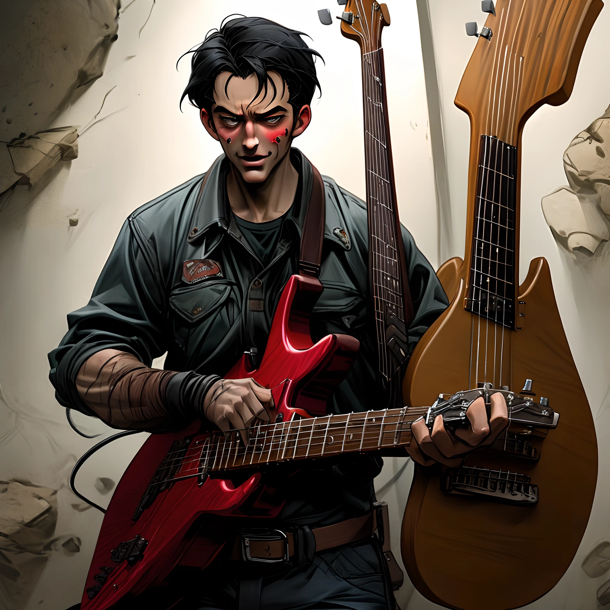 generate a Art with Ash Williams from evil dead as a rock guitar player