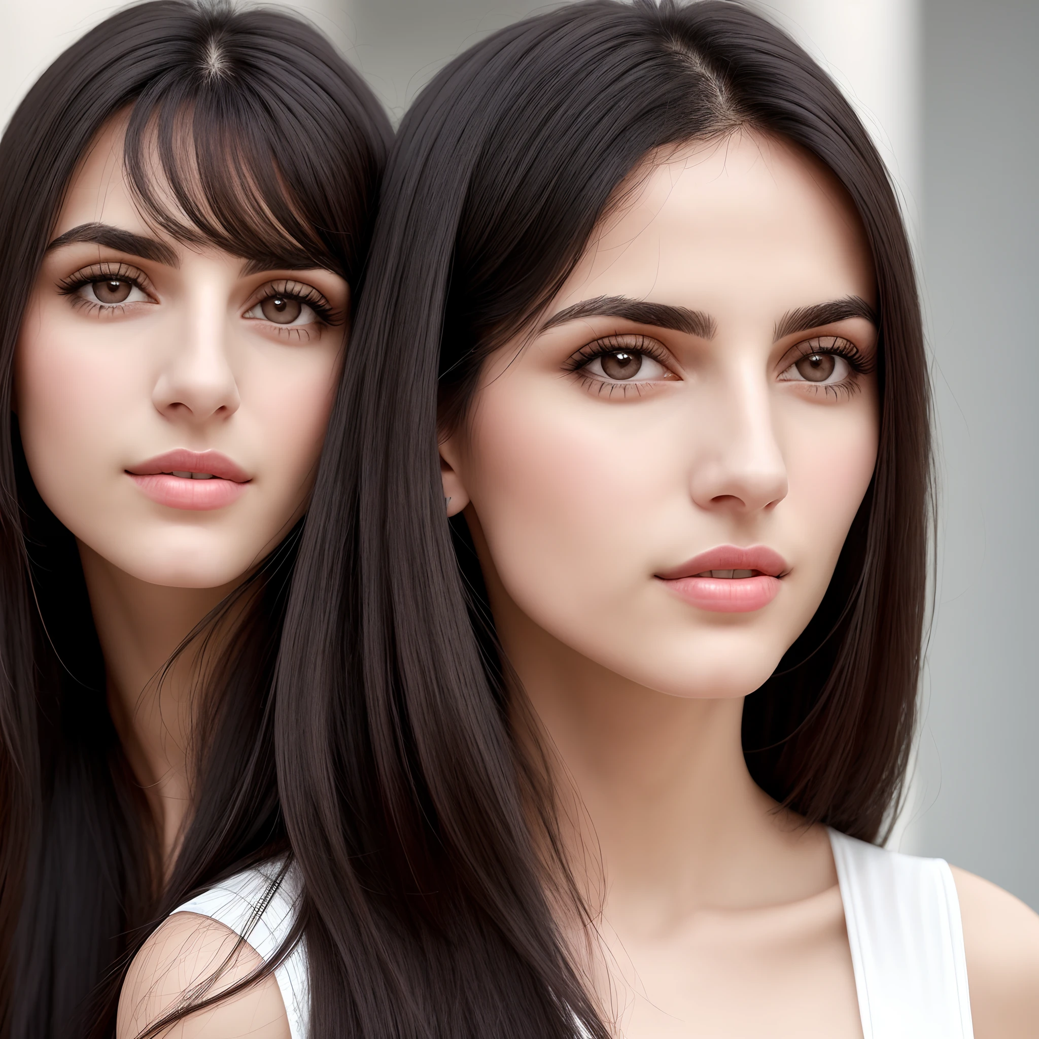 A very pale Greek woman with big dark brown eyes, a long straight nose, thin lips, long face, and straight black hair that falls just below her chin. [hard facial expression], [long nose]