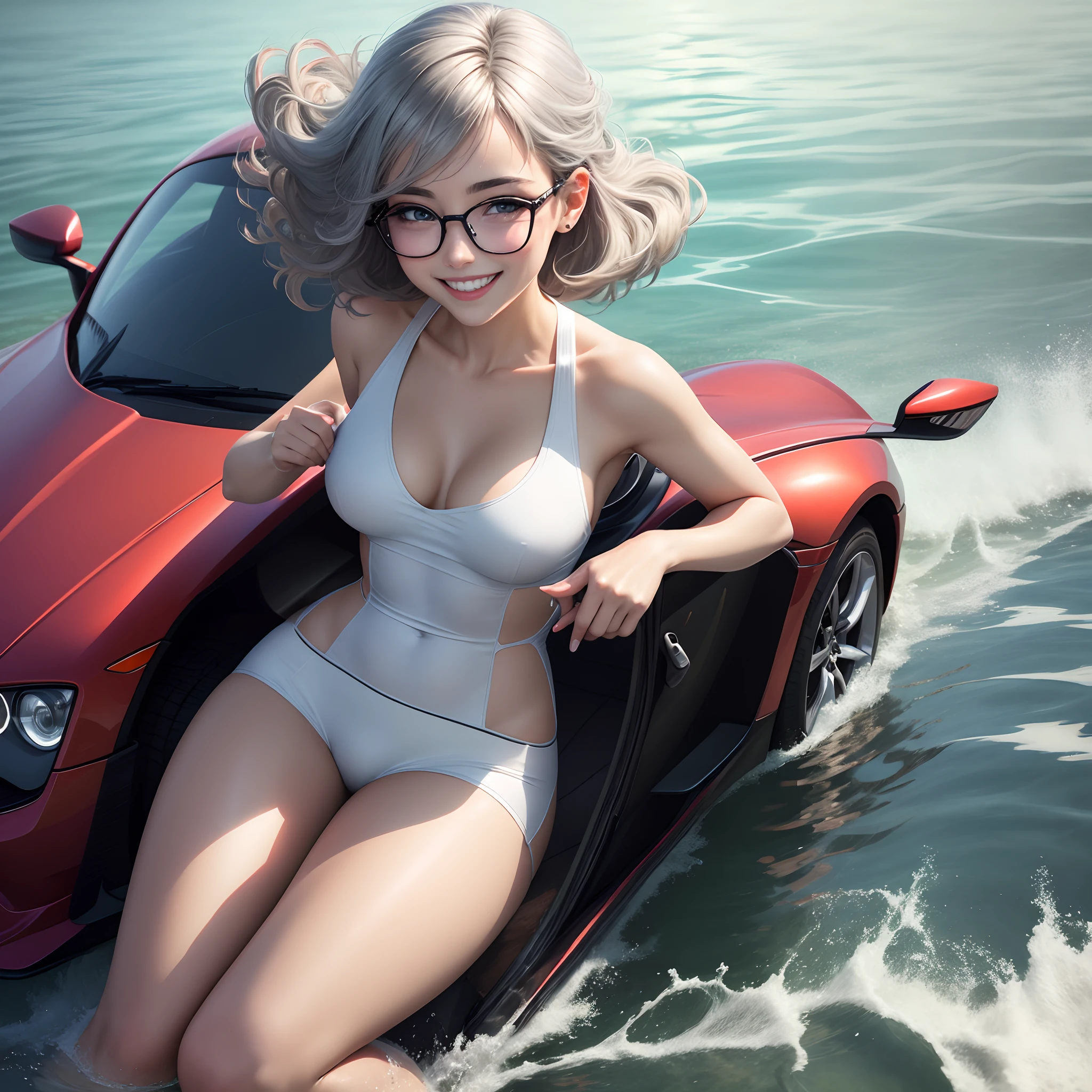 silber hair eye glasses 1 female eye glass Riding a sports car under the water Smiling happily