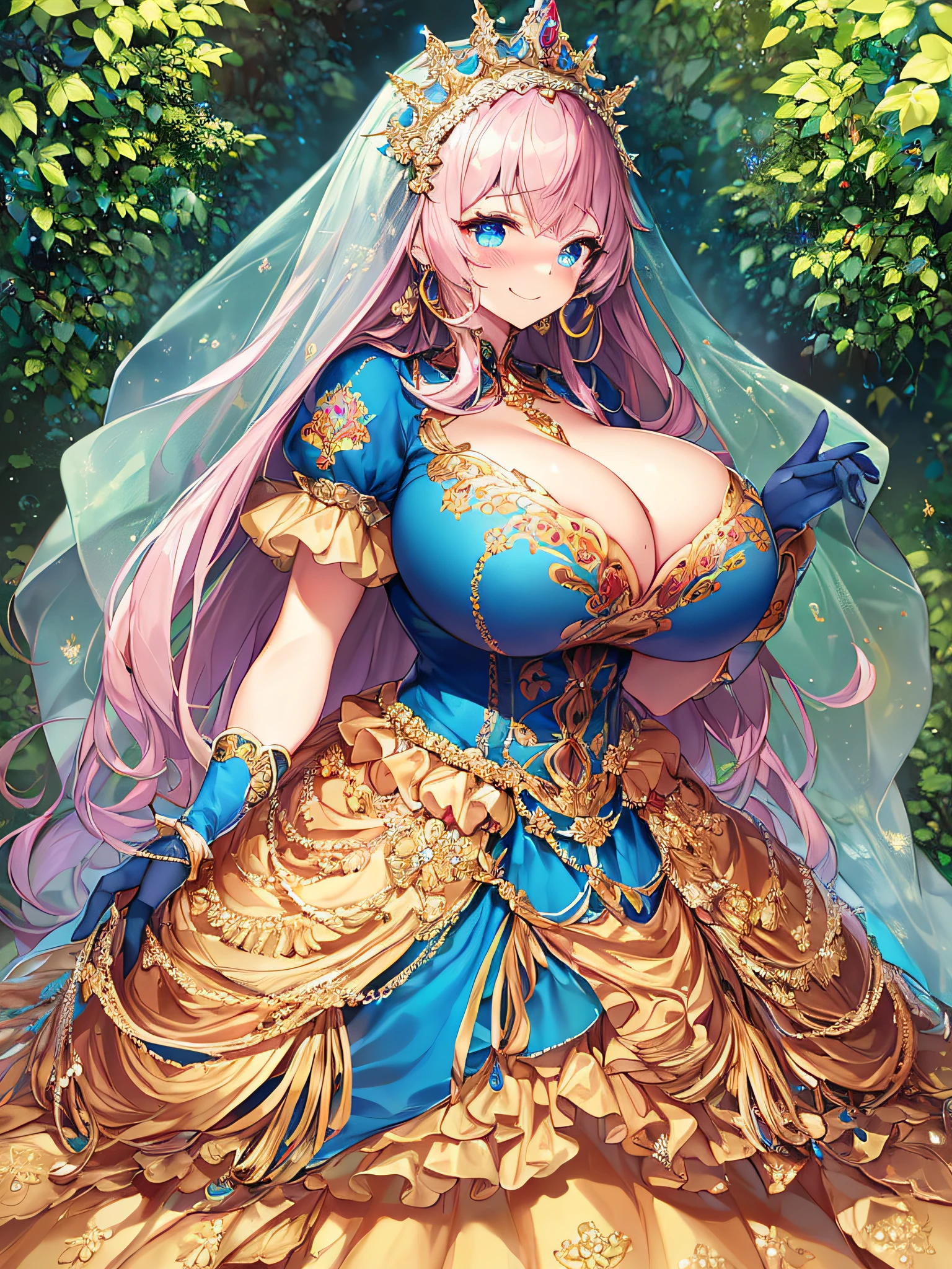 ((Anime Art Style)),(masutepiece),(Best Quality), (Super Detail),((Very delicate and beautiful)),((Full body portrait)),((Stand in the garden)),((Solo)),(((One princess in gorgeous embroidery and jeweled very gorgeous princess rococo ball gown with voluminous full-length hoop skirt ))),((Crinoline Hoop Skirt)),Long Train,Gorgeous embroidery and jewelry,voluminous ruffles,(((very very gigantic boobs,Skindentation))),((large amount of straight hair,extremely voluminous Hair,Very Long Straight Hair)),(finely detailed face and eyes),((Seductive smile,embarrassed)),Beautiful eyes like jewels,extremely gorgeousfull hair ornament,(very gorgeous tiara adorned with bling-bling jewels),Glitter Gorgeous Gemstone Jewelry,Gorgeous Long Veil,(opera gloves),(Beautiful background),(Full body),(( gorgeous embroidery and jeweled gorgeous princess rococo ball gown with voluminous full-length hoop skirt)),
