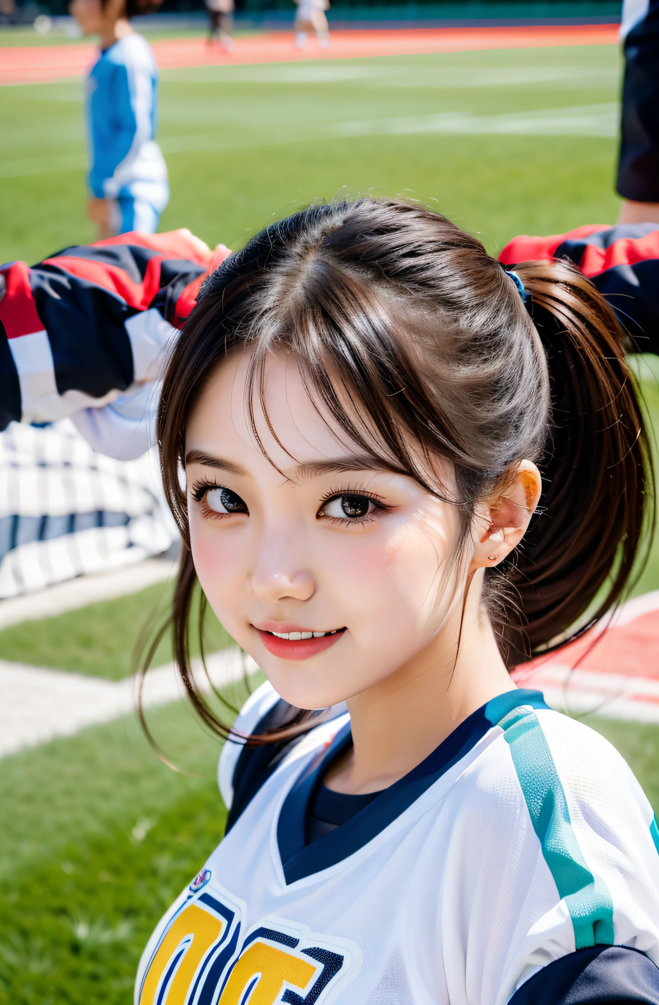 Morning Musume no Eri, Wear football player clothes, In the midst of her goal celebration. The background captures the excitement of the audience, Eta、Her teammates are starting to surround her with celebrations, Highlight the intricate details of her beauty and outfit. Medium: Photography, , Soothing tones with pops of bright colors from Eli's outfit, Composition: captured with a Canon EOS 5D Mark IV DSLR camera, EF 50mm f/1.8 STM lens, Resolution 30.4 megapixels, ISO sensit: 32,000, Shutter speed 8000 second. --ar 16:9 - V5.1 --Style raw --Q 2 --S 750