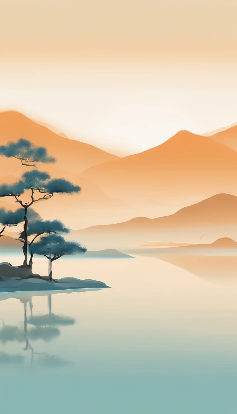 An idyllic Chinese mural, Light orange and light cyan style, Layered landscape, Art in the style of ancient Chinese ink painting, monumental murals, Ricoh FF-9D, Golden Age aesthetics, Exotic landscape