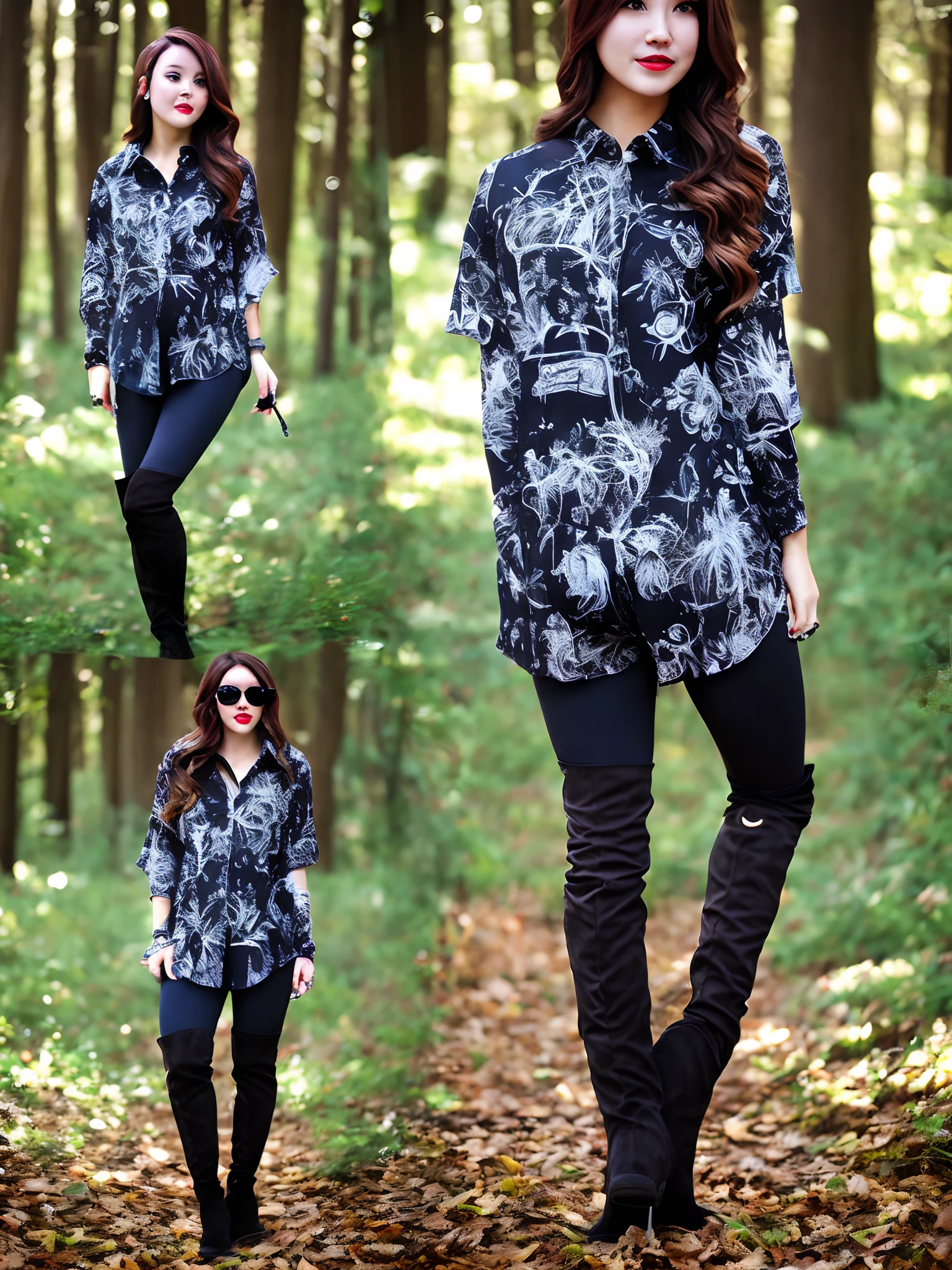 Woman belly piercing short shirt leggings boots haunted forest