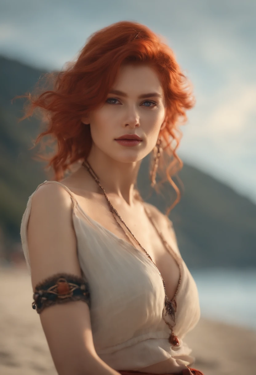 nilou (genshin impact), behind the sea, 1girl, background blur, closed mouth, bare arms, accessory, bare sleeves, bare shoulders, red hair, bracelets, necklace, cowboy shot, sideways