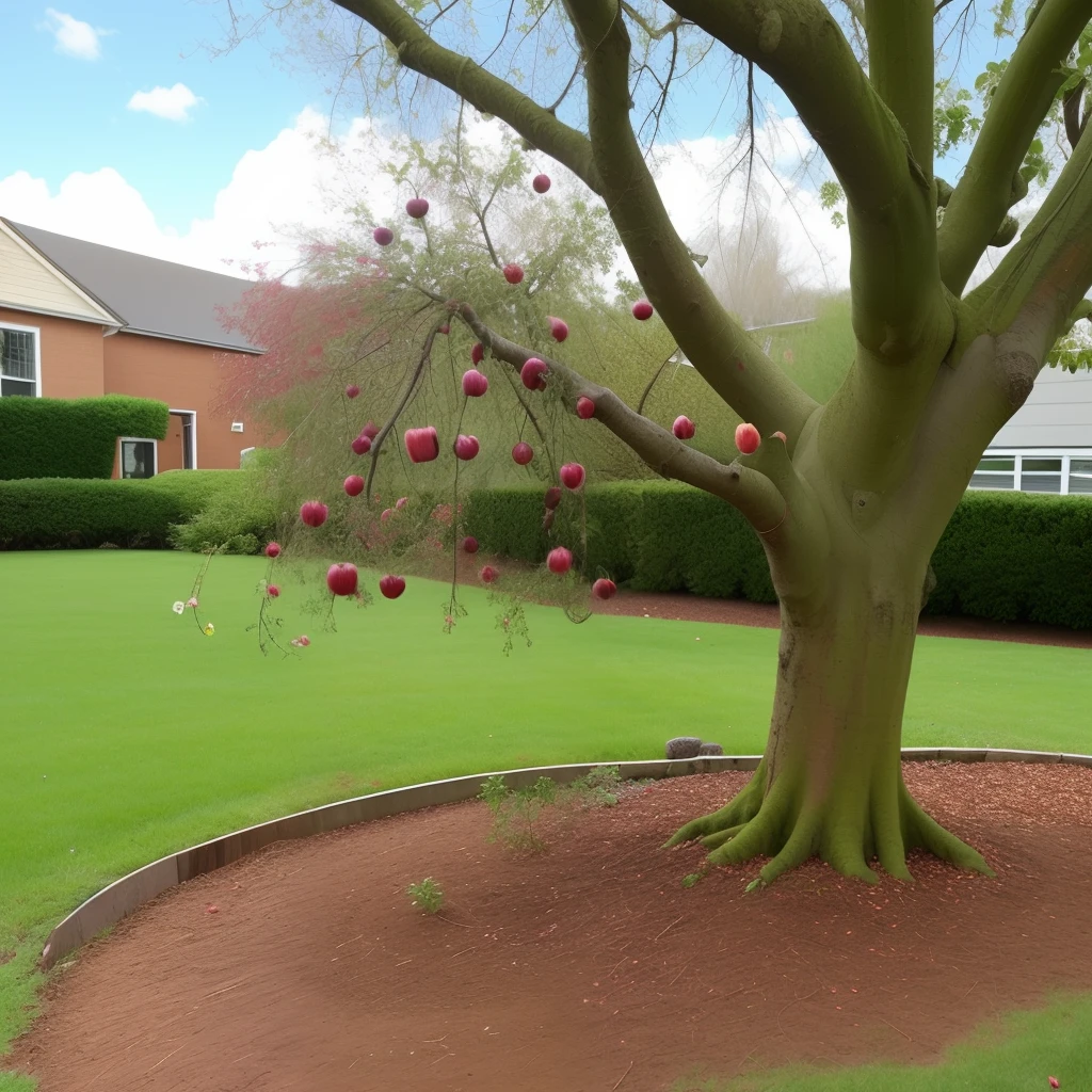 Bloody apple tree with mutilated human body parts as mulch