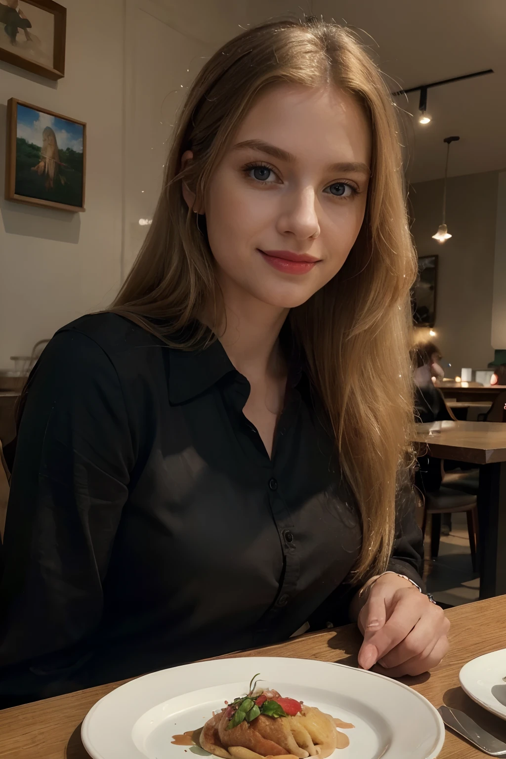 (best quality,highres,4k,masterpiece:1.2),ultra-detailed,realistic,portrait,natural lighting,long blonde hair,red lips,plain black shirt,sitting in a restaurant,plate of delicious food on the table,serene expression,hint of a smile,soft background music,muted colors,subtle shadows