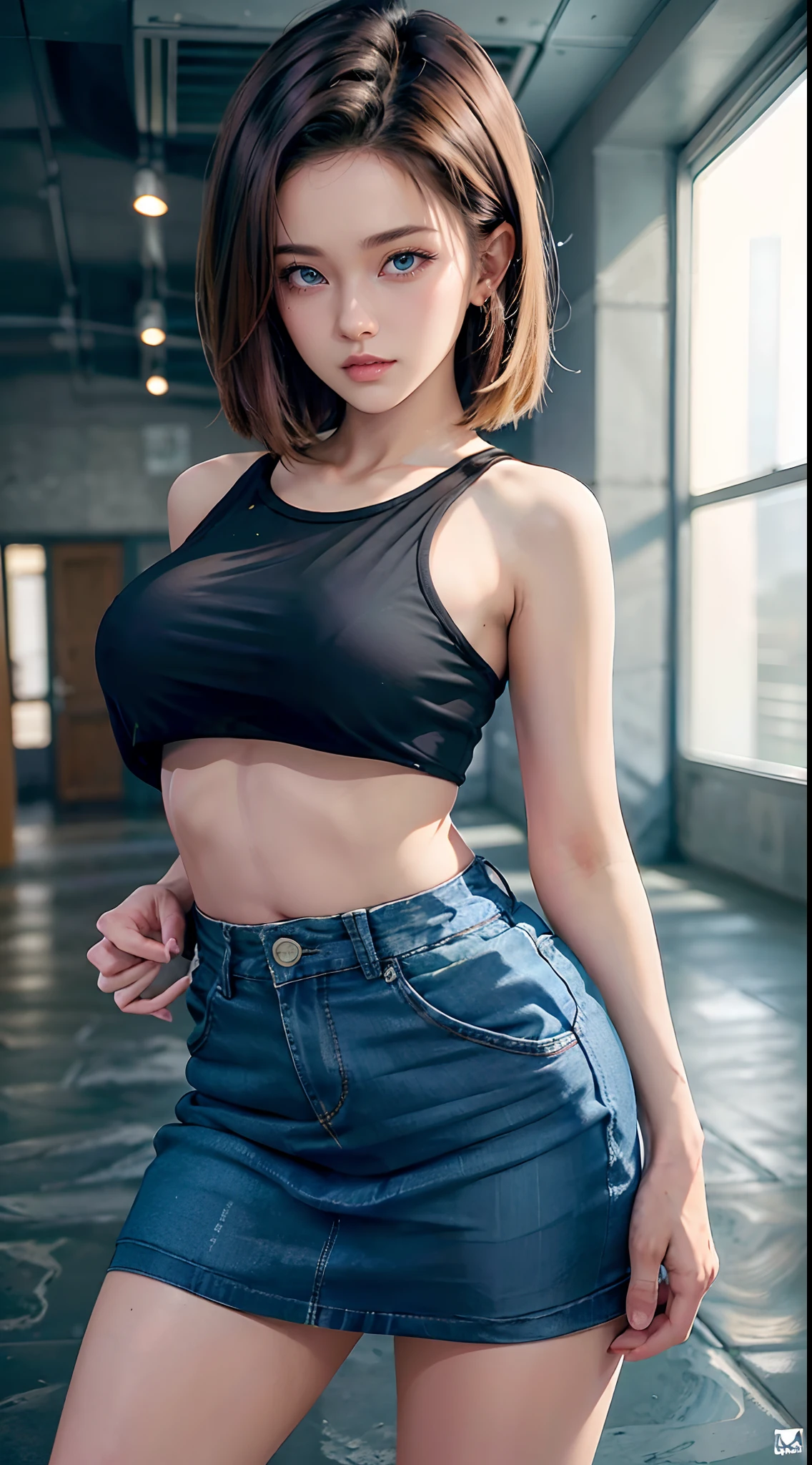 imagem hiper detalhada, UHD, 16k, foto profissional, (Foto realista do Android-18 de Dragon Ball Z) deusa da beleza, encantador, cabelos loiros curtos muito lisos, um fio de cabelo entre os olhos, serious facial expression, (( Ela usa uma jaqueta jeans azul e uma camisa cropped branca, Short White Underground Showing Her Brisket Meat)), Open erotic denim jacket showing off your stunning, Seios grandes lindos e perfeitos, ((natural sagging breasts, seios, seios longos ultragigantes saindo da jaqueta)) seios cheios, large body, fino, Curvaceous, pert bunda, ela usa um cinto e um (((Raised blue denim skirt she doesn't wear panties, exposto, pelos pubianos expostos, lifting her skirt with her hand ))), pernas grossas abertas, sorrindo mostrando fio dental preso , Flexible Body, Botas marrons, perfect hands and fingers, ambiente escuro, Fundo Cyberpunk,
(android-18 estilo cyberpunk), Arte Oficial, Android-18 mulher sexy, arte oficial do personagem, protagonista feminina sexy, curvo, Corpo magro e tonificado, pernas abertas, exposto, micro fio dental recheado nela :8, Akiri Toriyama, Diretor: Akira Toriyama, Bulma de Dragon Ball, Melhor Design de Personagens de Anime, Akira Toriyama's stroke style, Cute single character, Seminua, (great lighting) (, , pubic hair), ()