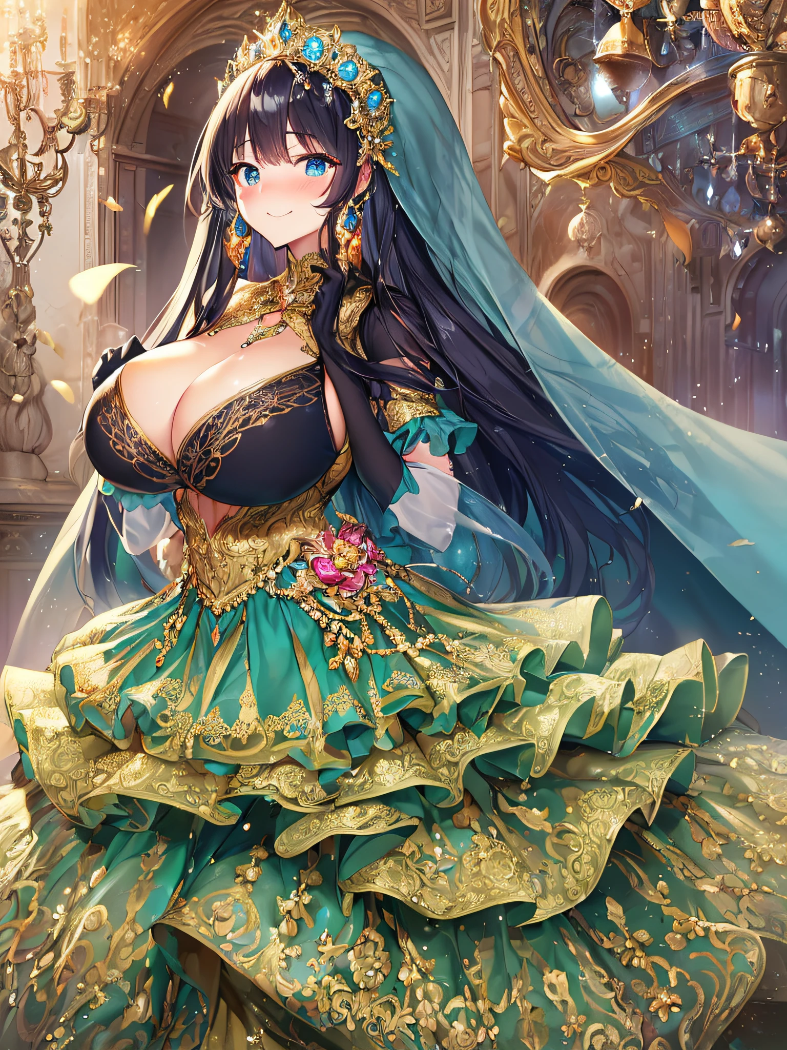 ((Anime Art Style)),(masutepiece),(Best Quality), (Super Detail),((Very delicate and beautiful)),(Highly detailed CG Unity 8k wallpaper),((Full body portrait)),((Stand in the garden)),((Solo)),(((One princess in gorgeous embroidery and jeweled very gorgeous rococo princess ball gown with voluminous full-length hoop skirt ))),((Crinoline Hoop Skirt)),Long Train,Gorgeous embroidery and jewelry,voluminous ruffles,(((very very gigantic boobs,Skindentation))),((large amount of straight hair,extremely voluminous Hair,Very Long Straight Hair)),(finely detailed face and eyes),((Seductive smile,embarrassed)),Beautiful eyes like jewels,extremely gorgeousfull hair ornament,(very gorgeous tiara adorned with bling-bling jewels),Glitter Gorgeous Gemstone Jewelry,Gorgeous Long Veil,(opera gloves),(Beautiful background),(Full body),(( gorgeous embroidery and jeweled gorgeous rococo princess ball gown with voluminous full-length hoop skirt)),