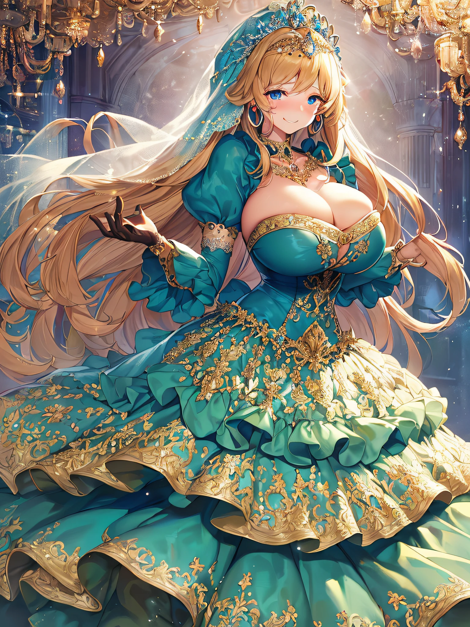 ((Anime Art Style)),(masutepiece),(Best Quality), (Super Detail),((Very delicate and beautiful)),(Highly detailed CG Unity 8k wallpaper),((Full body portrait)),((Stand in the garden)),((Solo)),(((One princess in gorgeous embroidery and jeweled very gorgeous rococo princess ball gown with voluminous full-length hoop skirt ))),((Crinoline Hoop Skirt)),Long Train,Gorgeous embroidery and jewelry,voluminous ruffles,(((very very gigantic boobs,Skindentation))),((large amount of straight hair,extremely voluminous Hair,Very Long Straight Hair)),(finely detailed face and eyes),((Seductive smile,embarrassed)),Beautiful eyes like jewels,extremely gorgeousfull hair ornament,(very gorgeous tiara adorned with bling-bling jewels),Glitter Gorgeous Gemstone Jewelry,Gorgeous Long Veil,(opera gloves),(Beautiful background),(Full body),(( gorgeous embroidery and jeweled gorgeous rococo princess ball gown with voluminous full-length hoop skirt)),