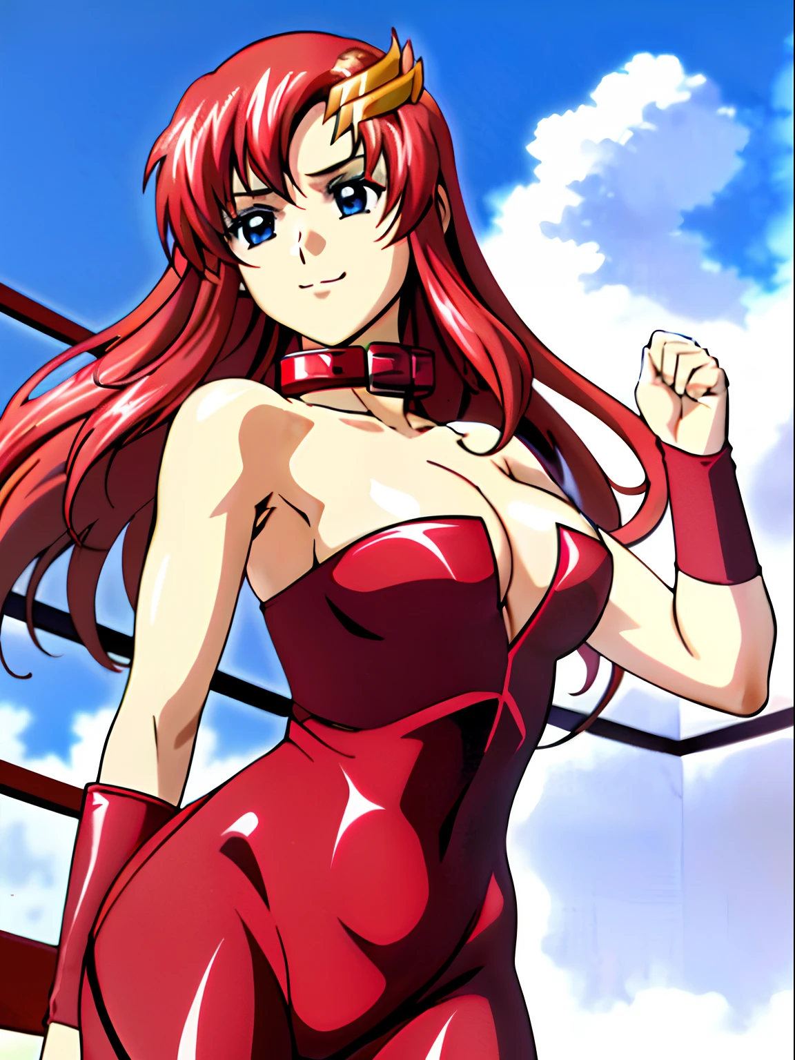 solo, (((red strapless wrestling outfit, collar, red boots))), (upper body view, closed mouth, happy, Best Quality, Anime style: 1.9, Adult Woman, (cloud background), Anime, lacus4), 1girl, Solo, 鎖骨, (very long hair, wide bangs, Hair Ornament, Detailed reddish-pink hair, golden crest), large hands, (blue eyes), ((little biceps, slender body, hourglass figure, broad shoulders, closed fists)), ((perfect proportions, medium breasts, cleavage, long belly)), (((mini red wrestling outfit))