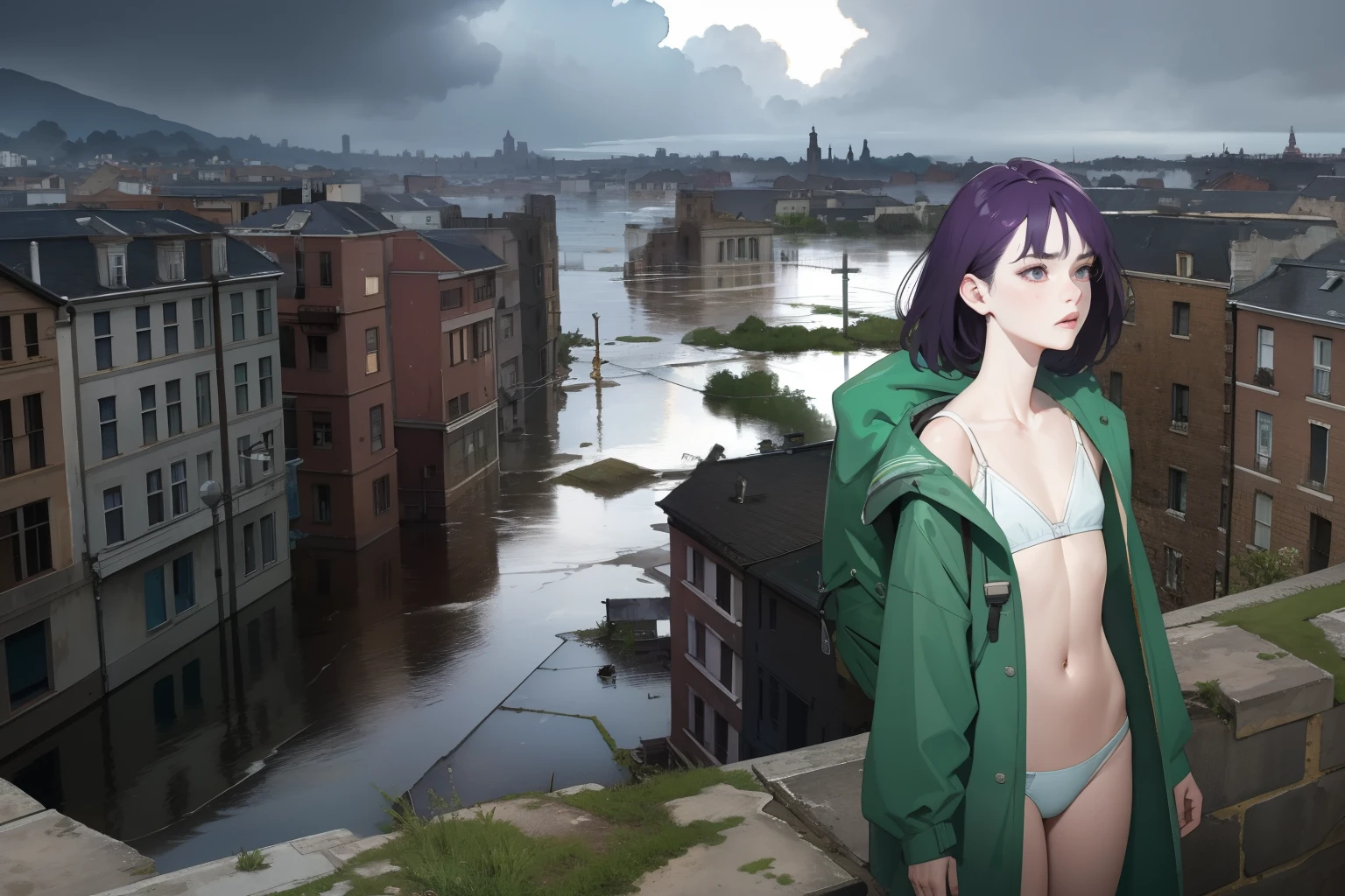 masterpiece, best quality, (ruined city), girls, (closeup:1.2), 18yo , slim, small breast,d, wading in water, green raincoat, open raincoat, nipple, white panties, goggles on head, (backpacks), (look up), anxious, confused, sad, purple and orande stormy clouds, evening light, (flood:1.2), street under water, city ruins, wide angle, watercolor
